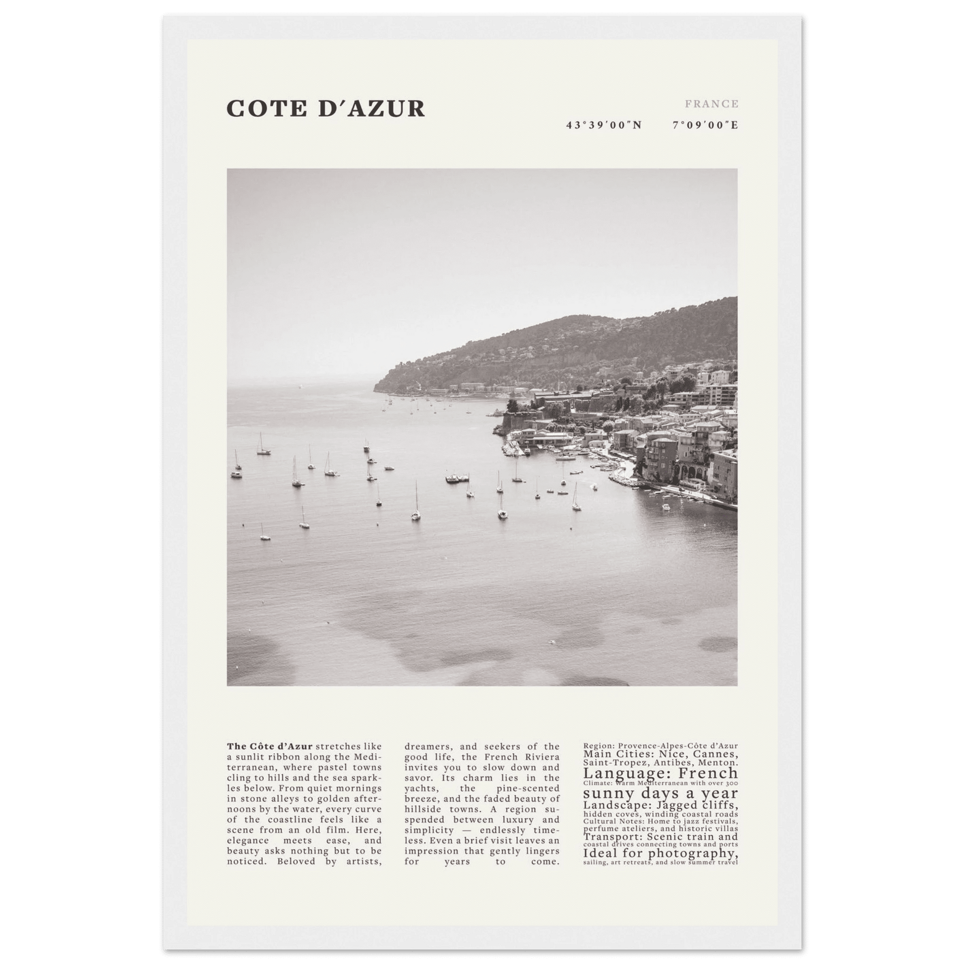 Côte d'Azur Poster Black and White – Vintage French Riviera Coast Print (Digital & Printed Options) - Evergreen Posters
