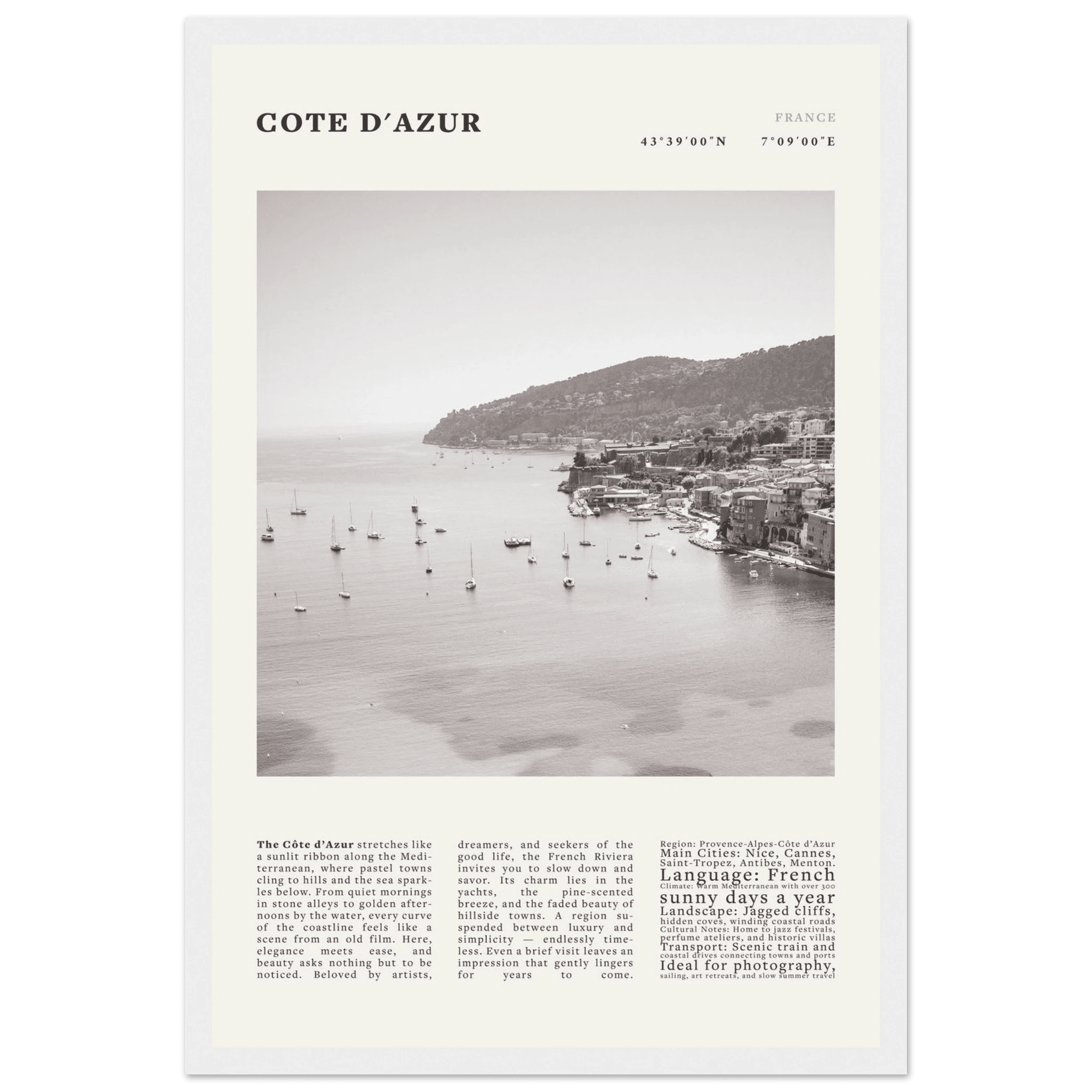 Côte d'Azur Poster Black and White – Vintage French Riviera Coast Print (Digital & Printed Options) - Evergreen Posters