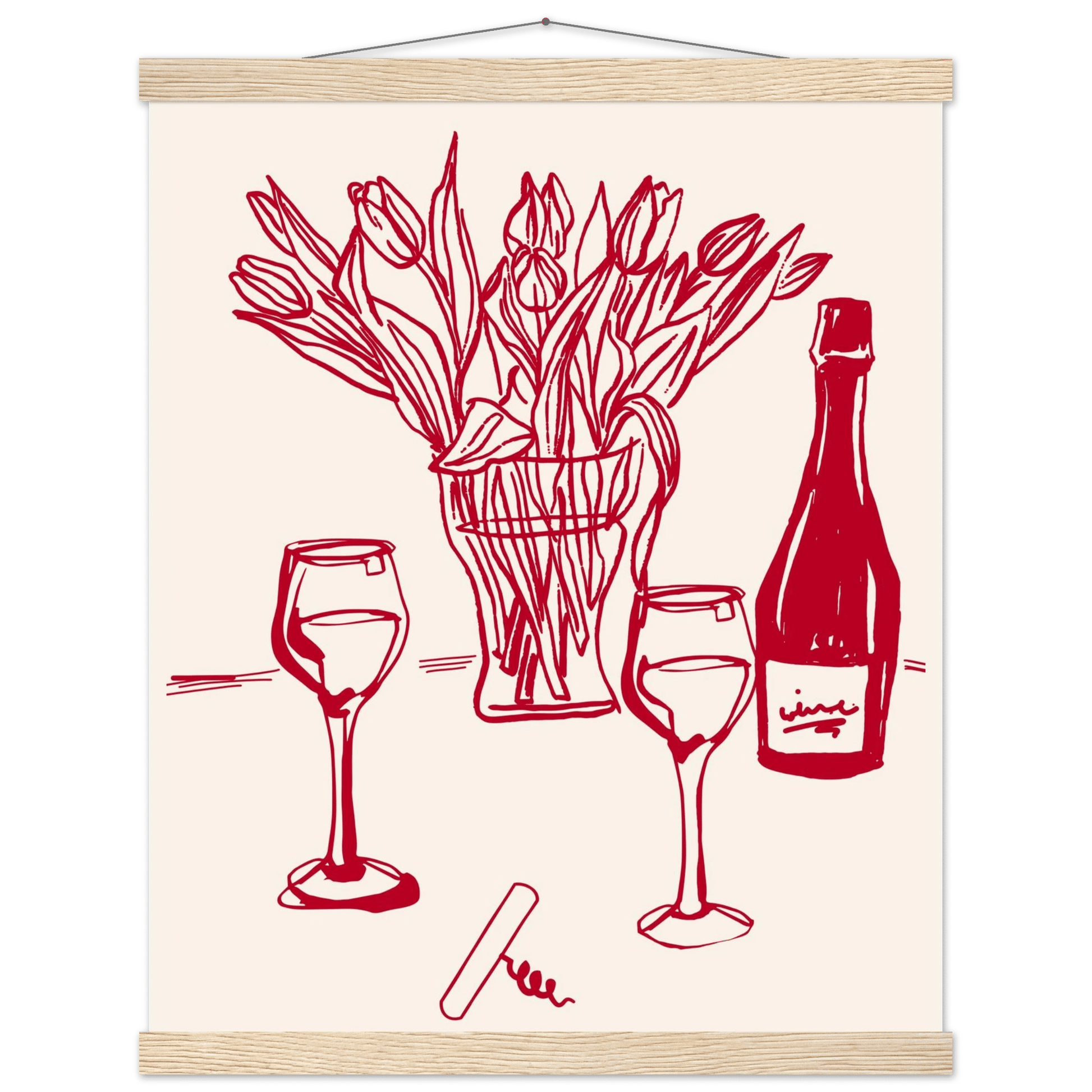 Red Wine & Tulips Print | Line Art Wine Bottle Wall Art | Kitchen Poster - Evergreen Posters