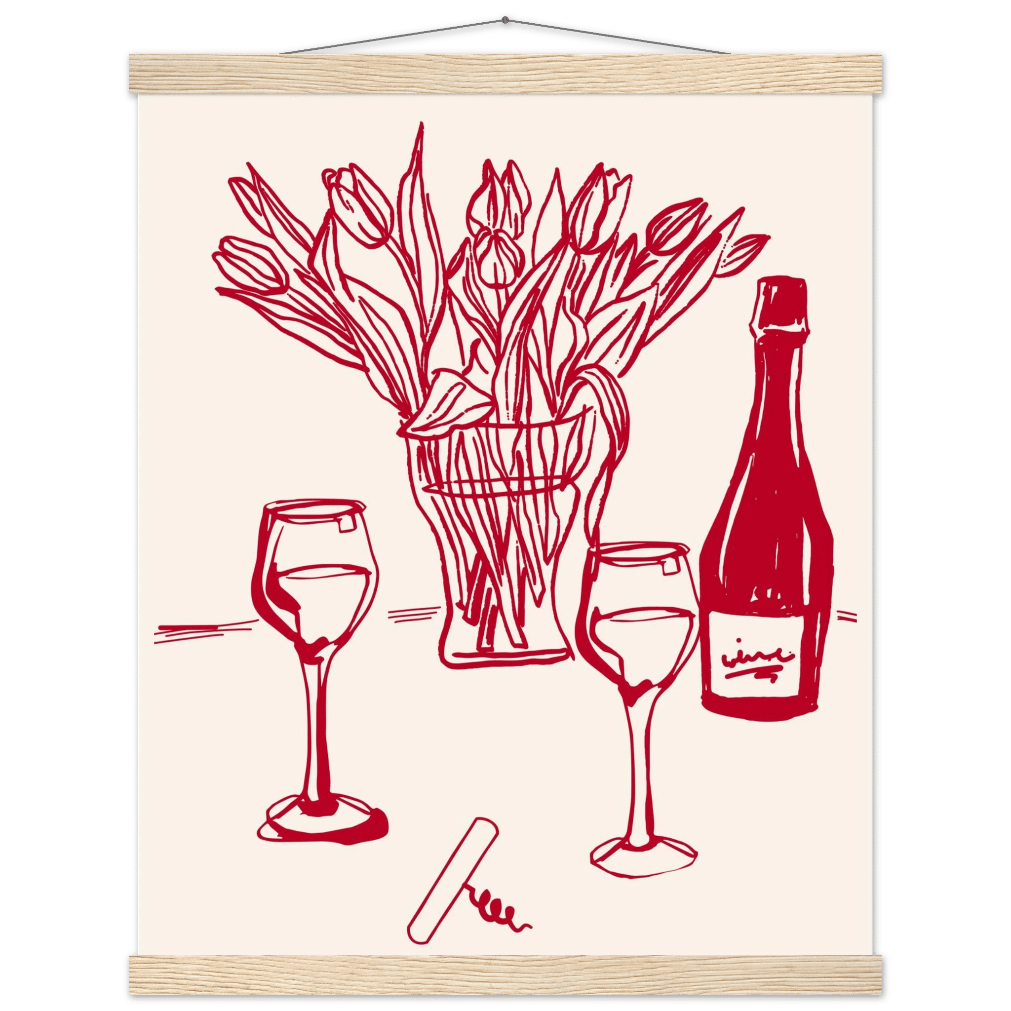 Red Wine & Tulips Print | Line Art Wine Bottle Wall Art | Kitchen Poster - Evergreen Posters