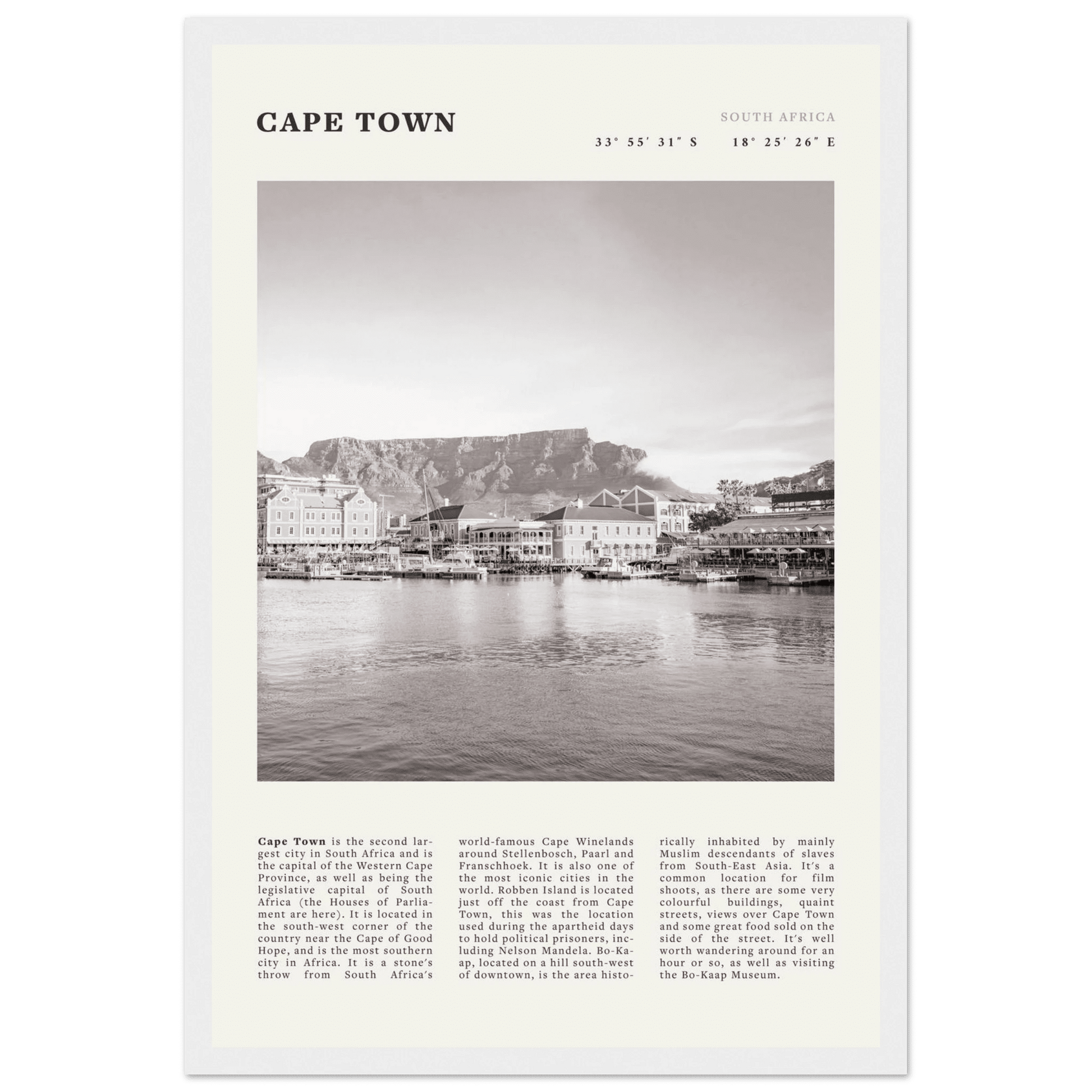 Cape Town Poster | Black & White Table Mountain Wall Art | South Africa Travel Print - Evergreen Posters