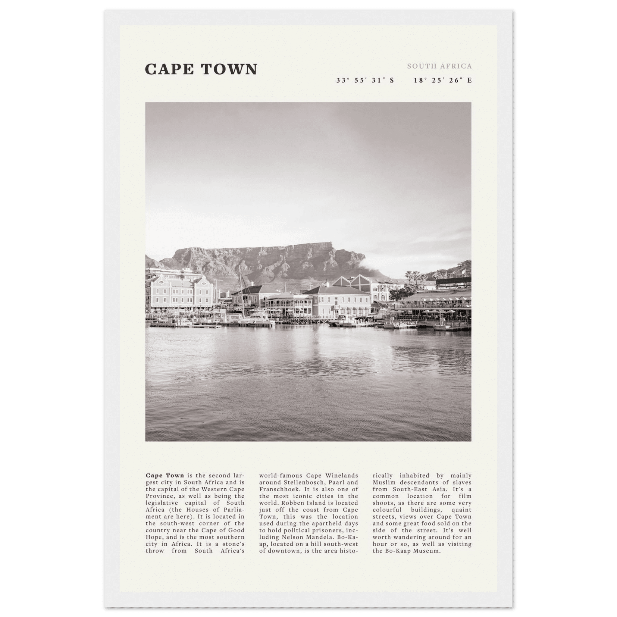 Cape Town Poster | Black & White Table Mountain Wall Art | South Africa Travel Print - Evergreen Posters
