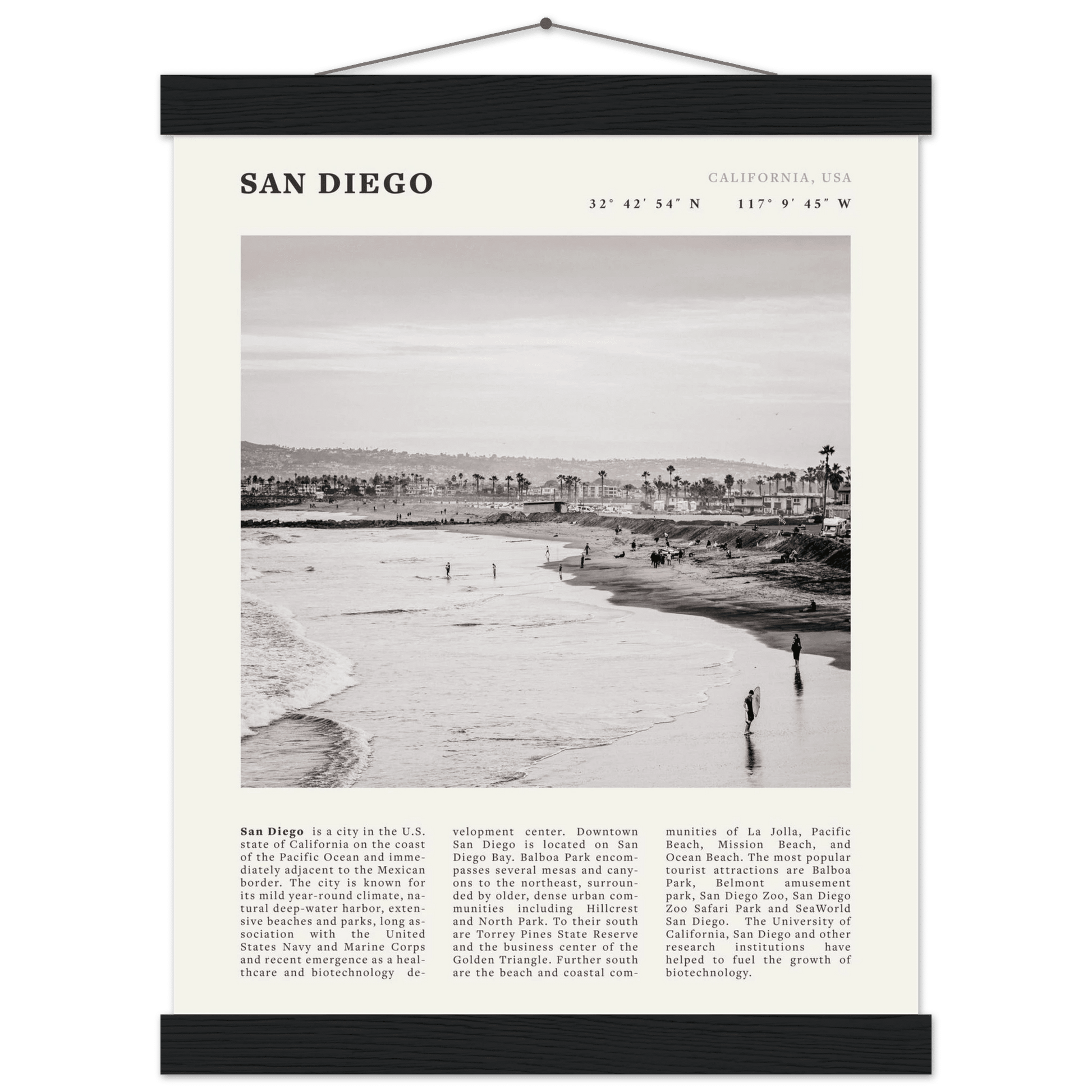 San Diego Poster | Black & White California Beach Wall Art | Coastal Travel Print Decor - Evergreen Posters