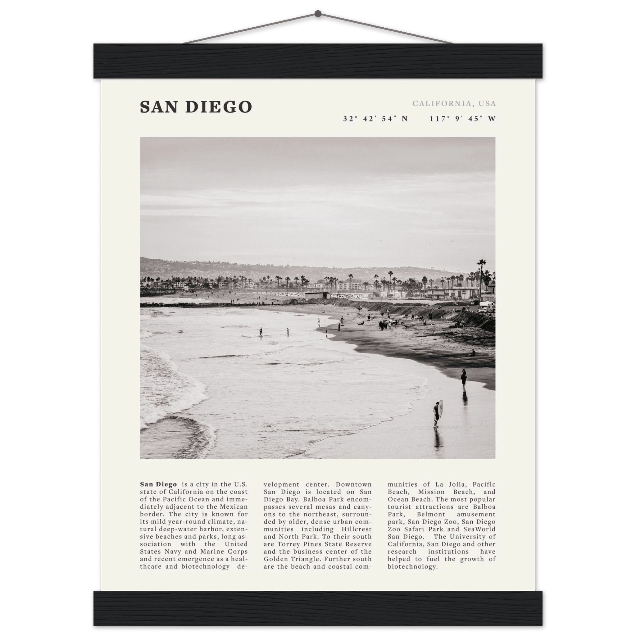 San Diego Poster | Black & White California Beach Wall Art | Coastal Travel Print Decor - Evergreen Posters