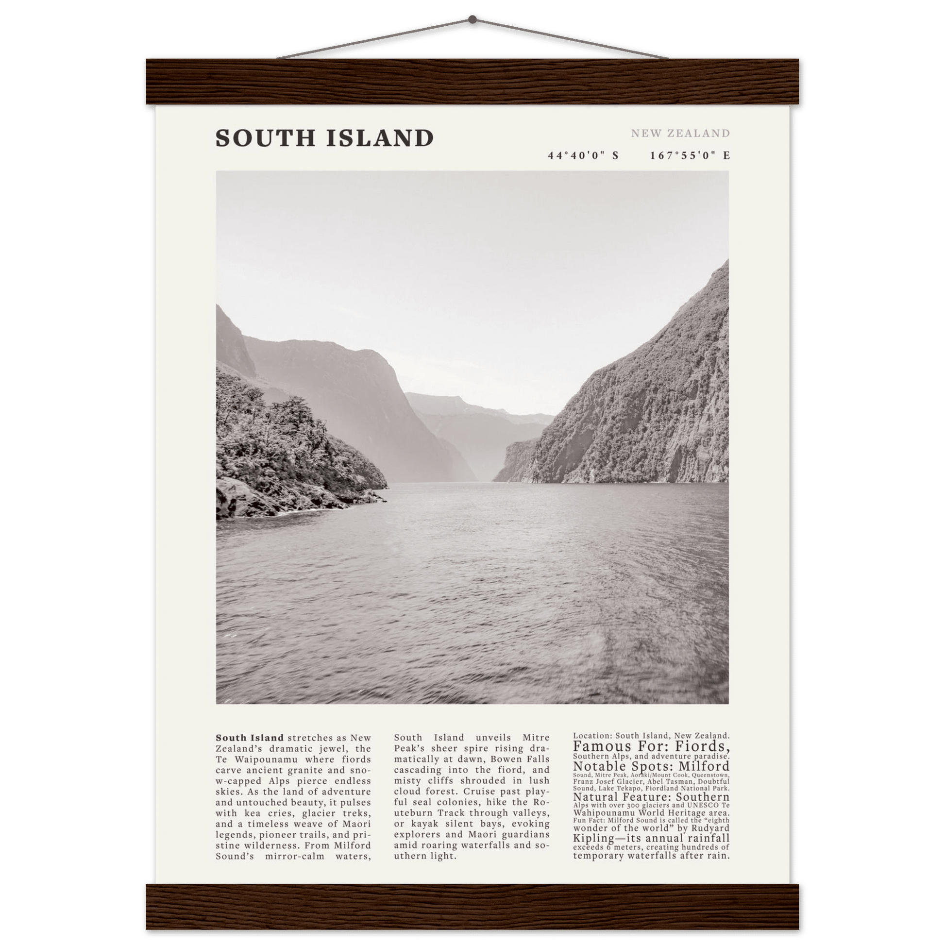 South Island New Zealand Poster Black and White – Vintage Milford Sound Fjord Print - Evergreen Posters