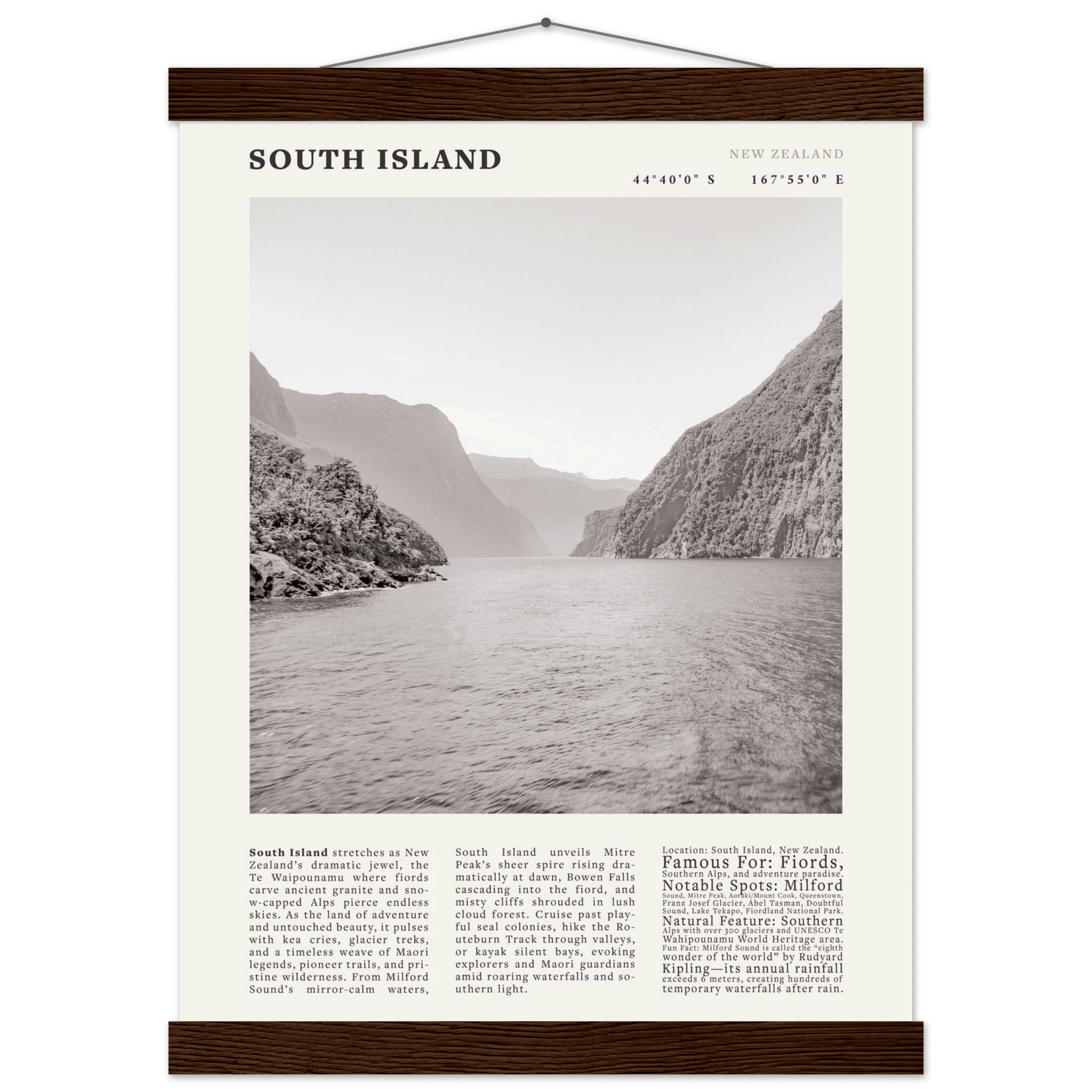 South Island New Zealand Poster Black and White – Vintage Milford Sound Fjord Print - Evergreen Posters