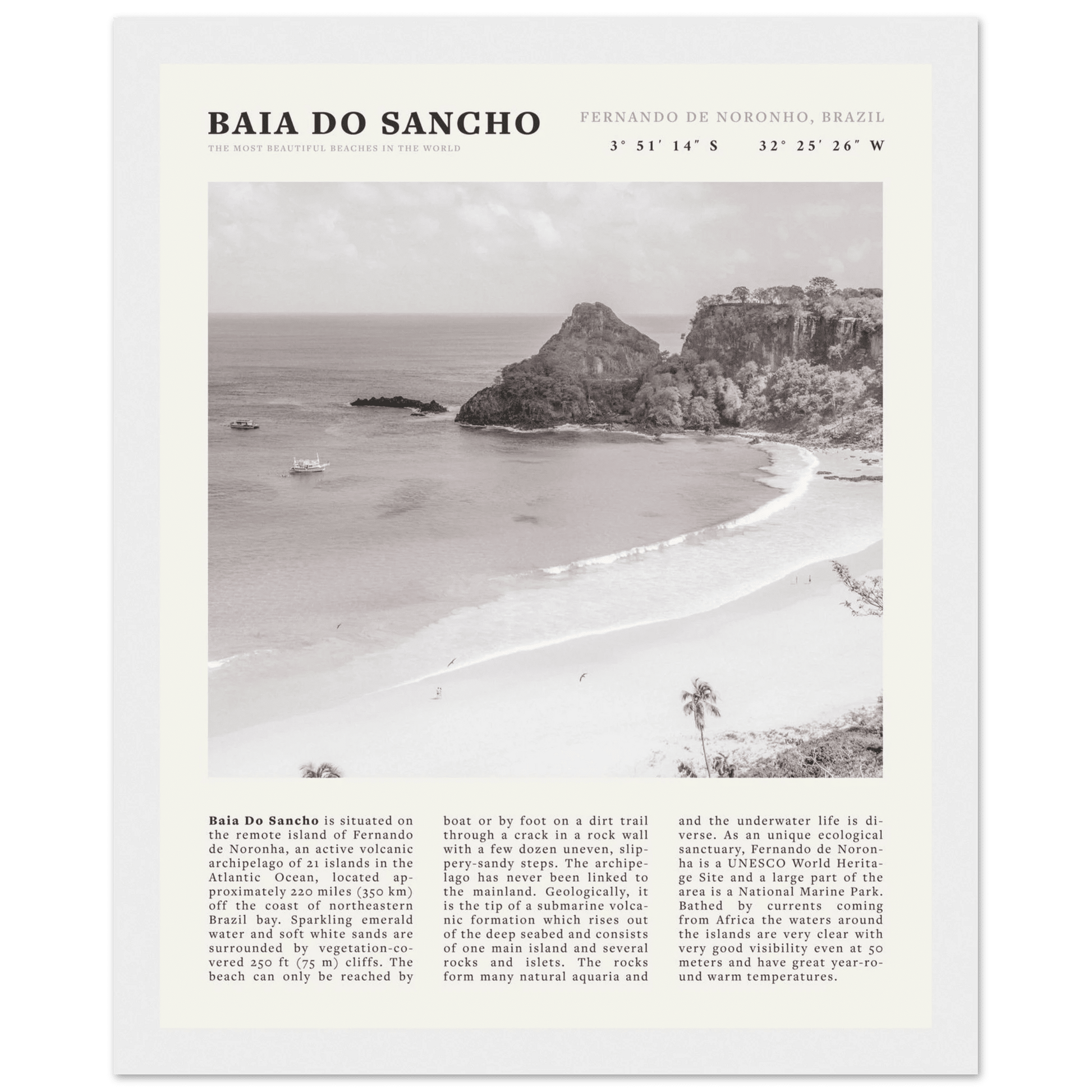 Baia Do Sancho Poster | Black & White Brazil Beach Wall Art | Fernando de Noronha - Evergreen Posters