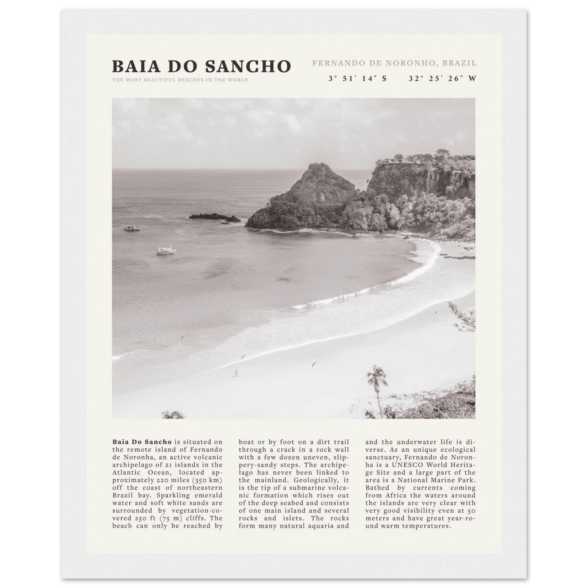 Baia Do Sancho Poster | Black & White Brazil Beach Wall Art | Fernando de Noronha - Evergreen Posters