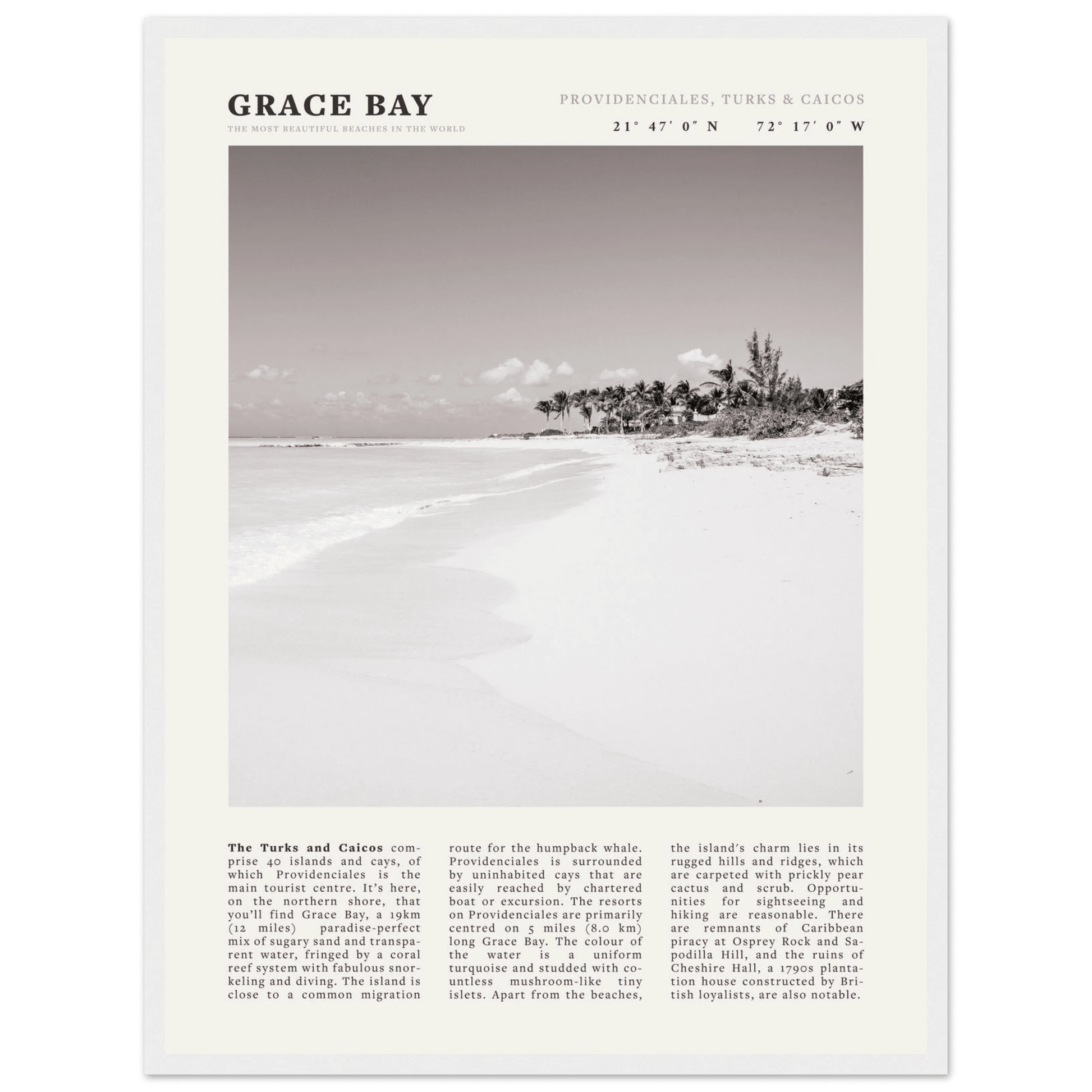 Grace Bay Poster | Black & White Turks & Caicos Wall Art | Caribbean Beach Print - Evergreen Posters