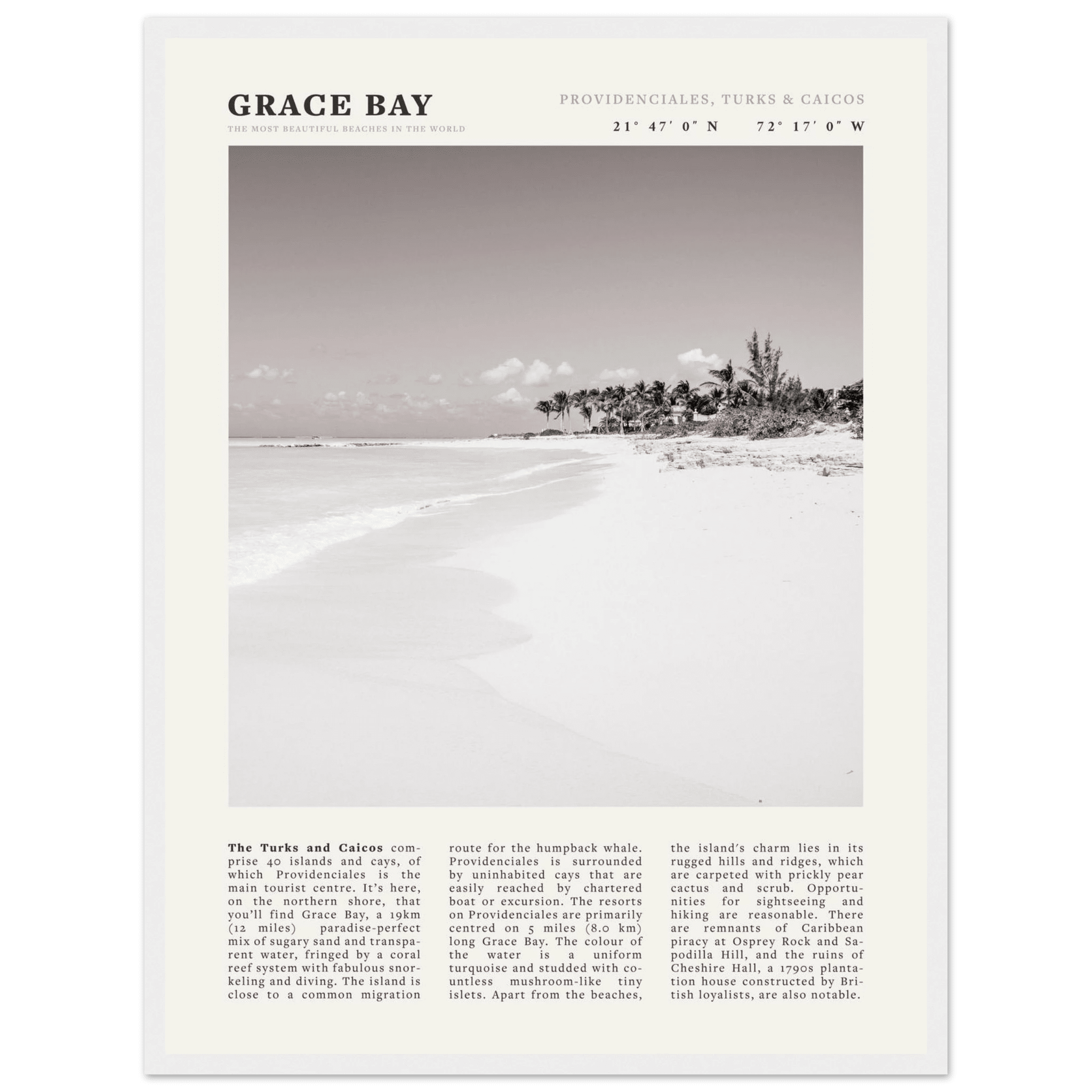 Grace Bay Poster | Black & White Turks & Caicos Wall Art | Caribbean Beach Print - Evergreen Posters