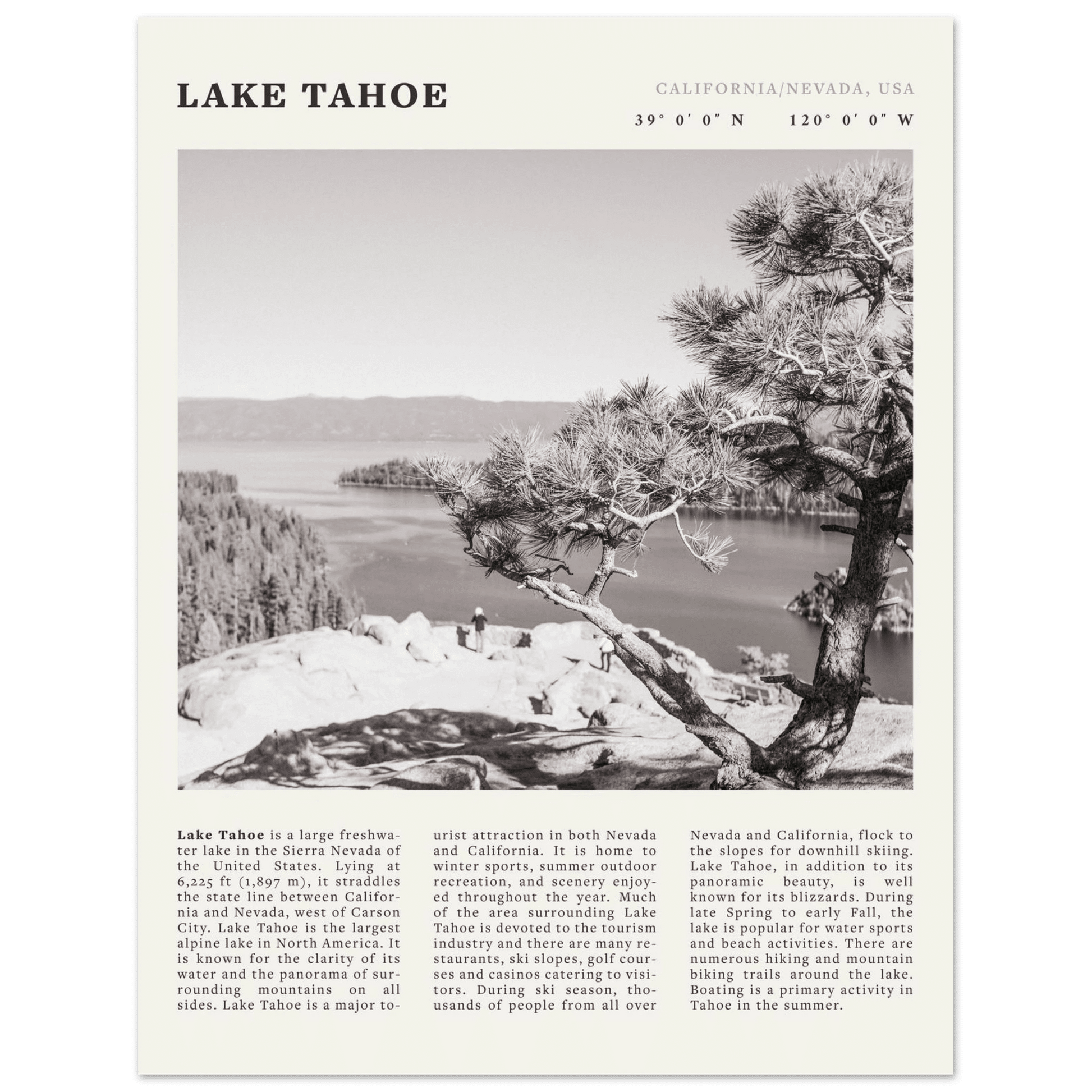 Lake Tahoe Poster | Black & White California Nevada Wall Art | Nature Travel Print Decor - Evergreen Posters