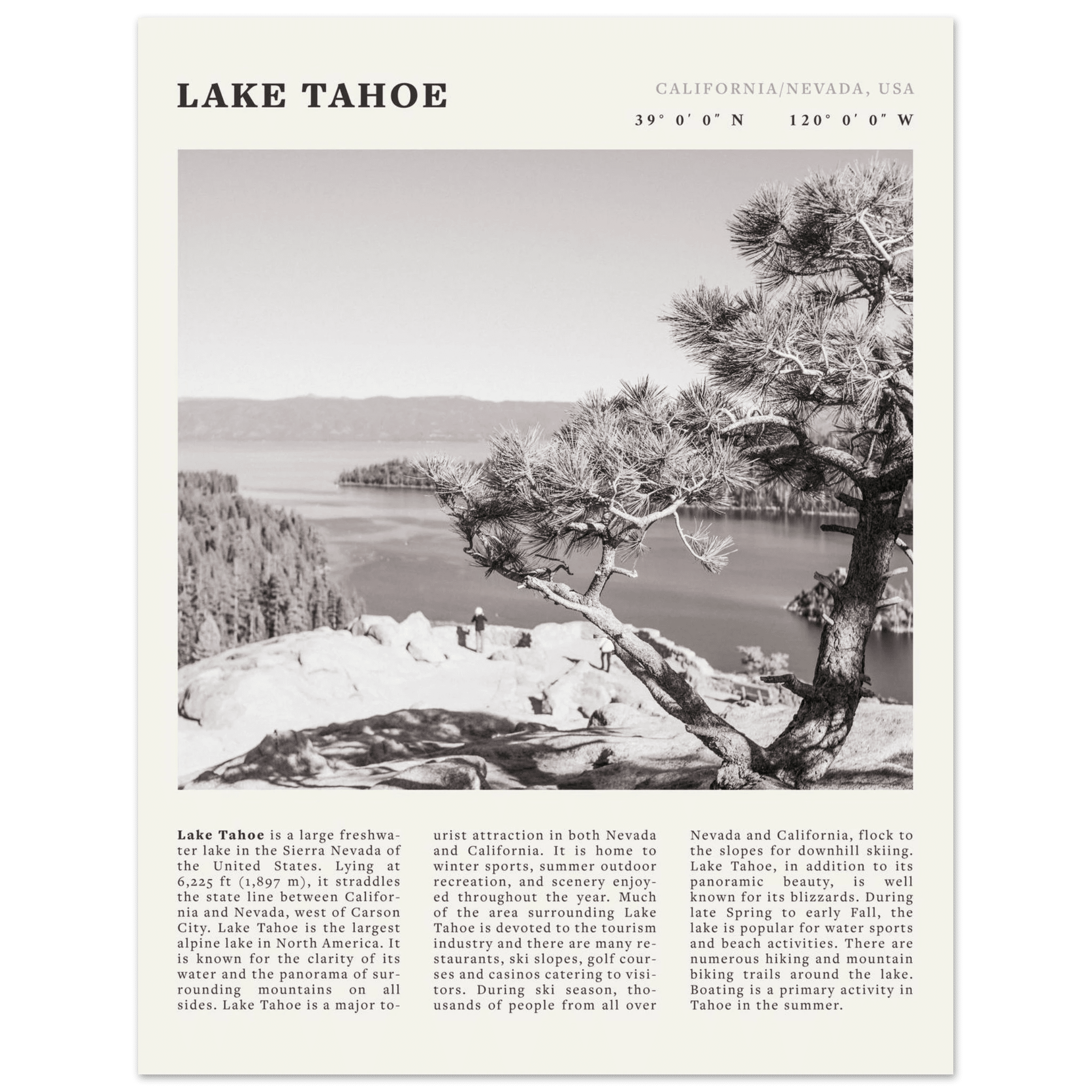 Lake Tahoe Poster | Black & White California Nevada Wall Art | Nature Travel Print Decor - Evergreen Posters