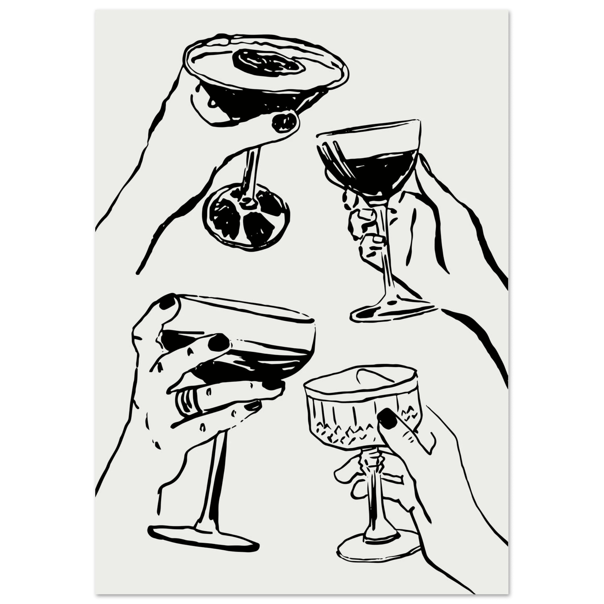 Cheers Print | Black Line Art Cocktail Glasses Wall Art | Kitchen Bar Poster - Evergreen Posters