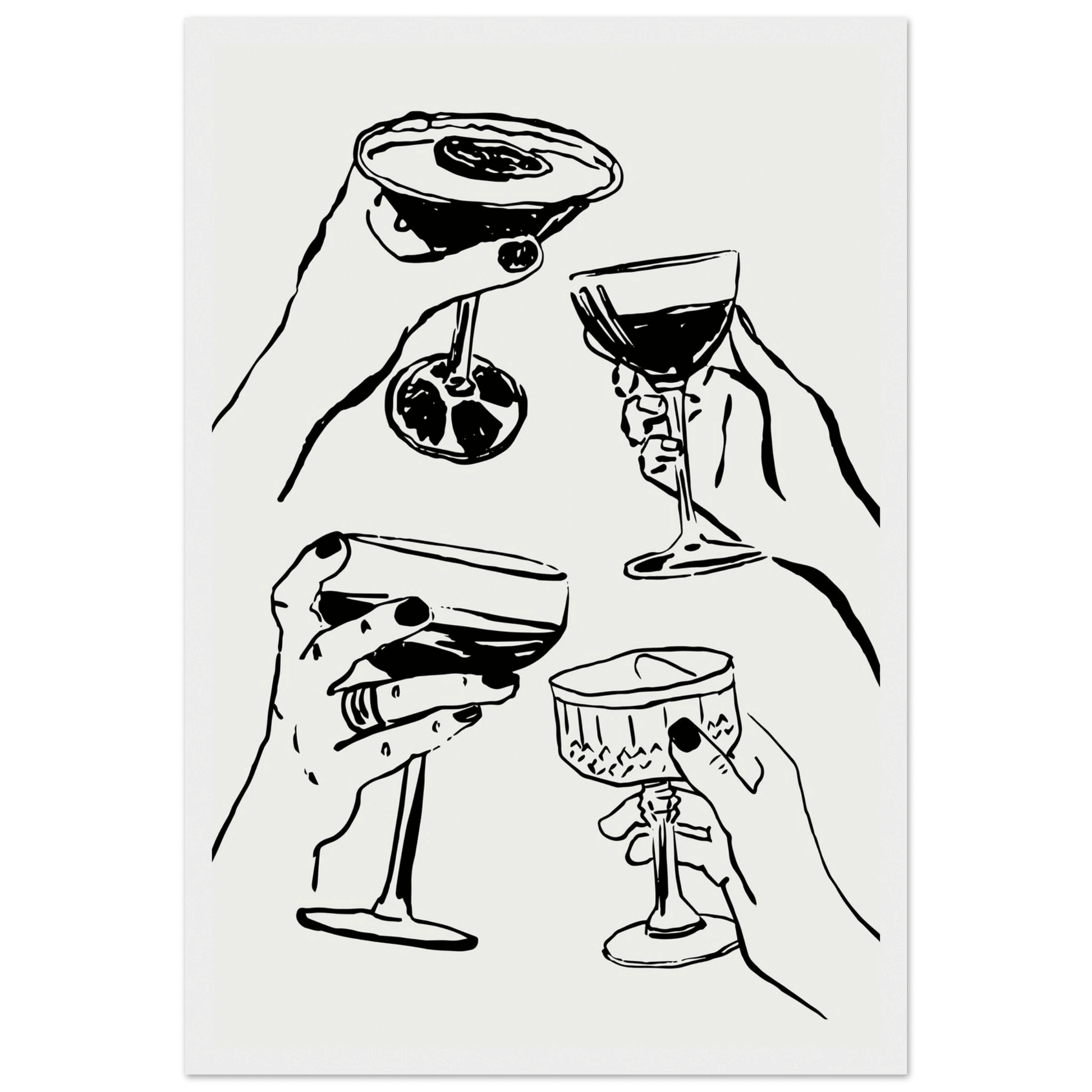 Cheers Print | Black Line Art Cocktail Glasses Wall Art | Kitchen Bar Poster - Evergreen Posters
