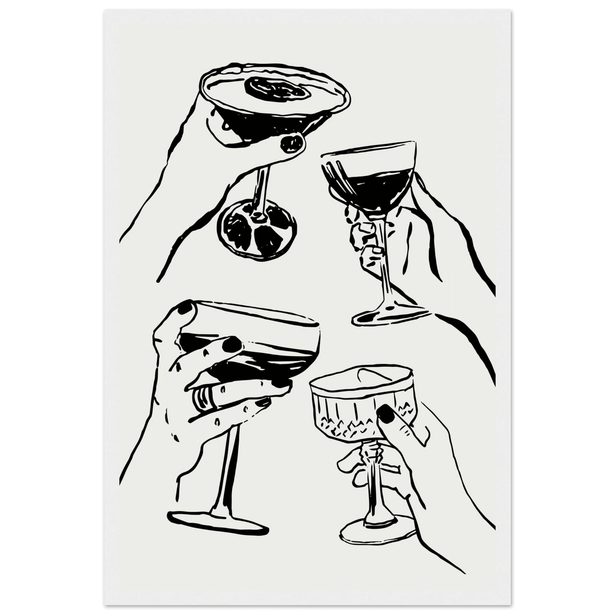 Cheers Print | Black Line Art Cocktail Glasses Wall Art | Kitchen Bar Poster - Evergreen Posters