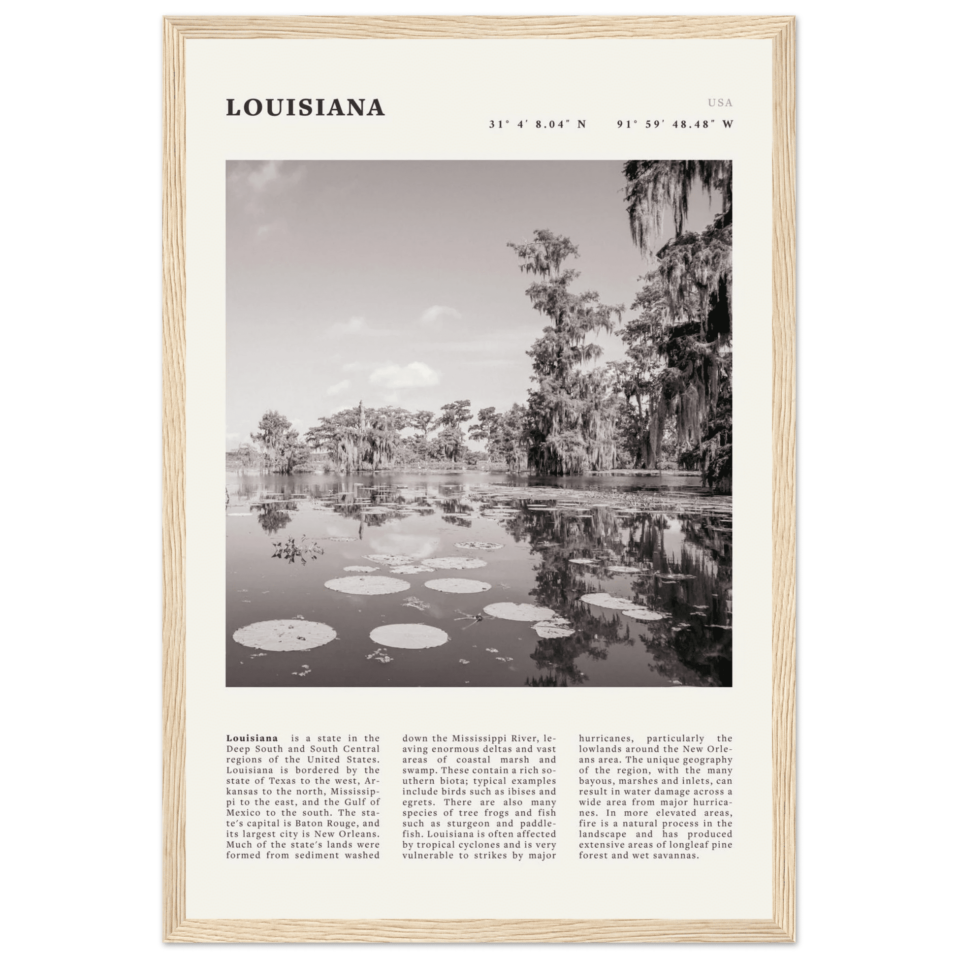 Louisiana Poster | Black & White Bayou Wall Art | Southern USA Travel Print Decor - Evergreen Posters