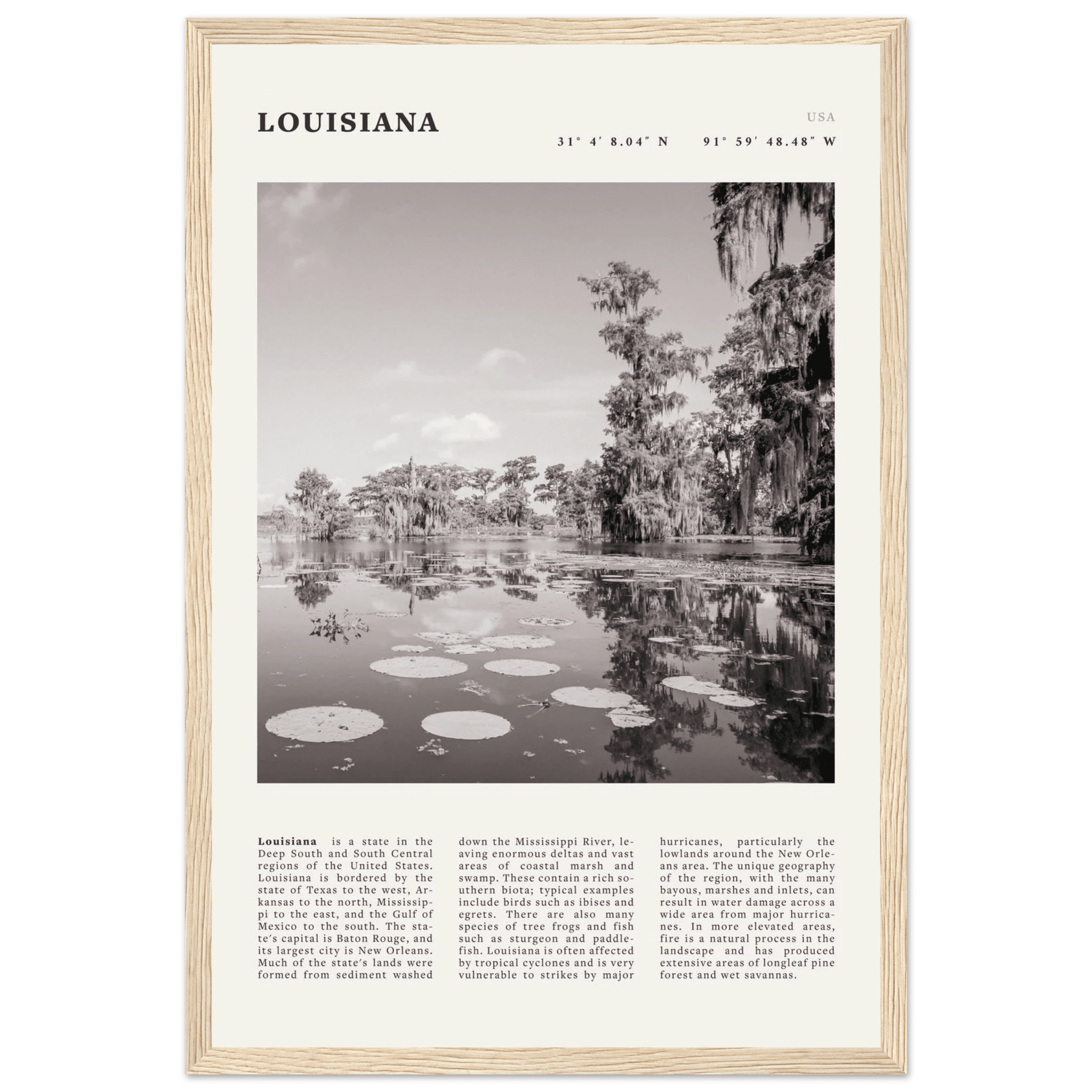 Louisiana Poster | Black & White Bayou Wall Art | Southern USA Travel Print Decor - Evergreen Posters