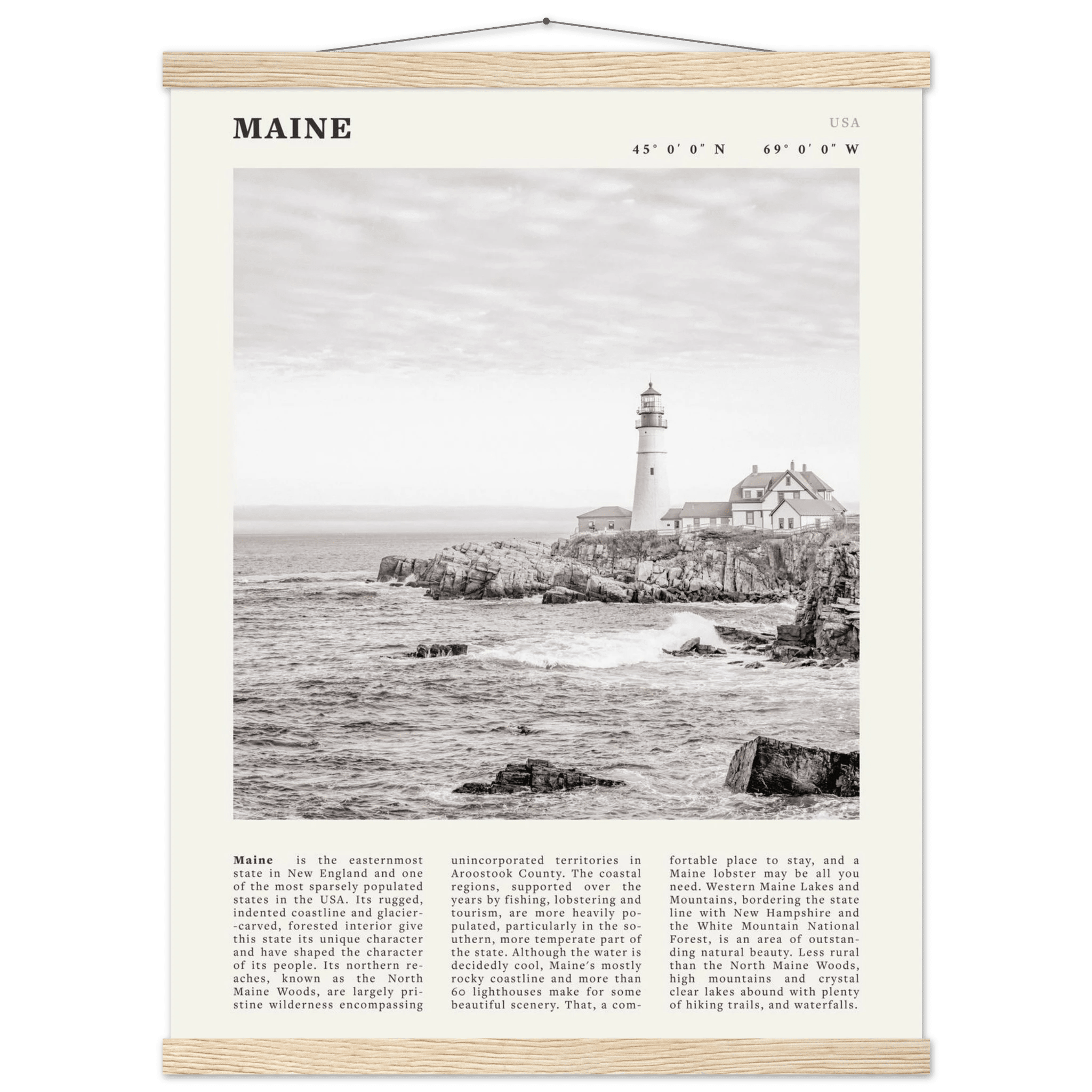 Maine Poster | Black & White Lighthouse Wall Art | New England Coastal Travel Print - Evergreen Posters