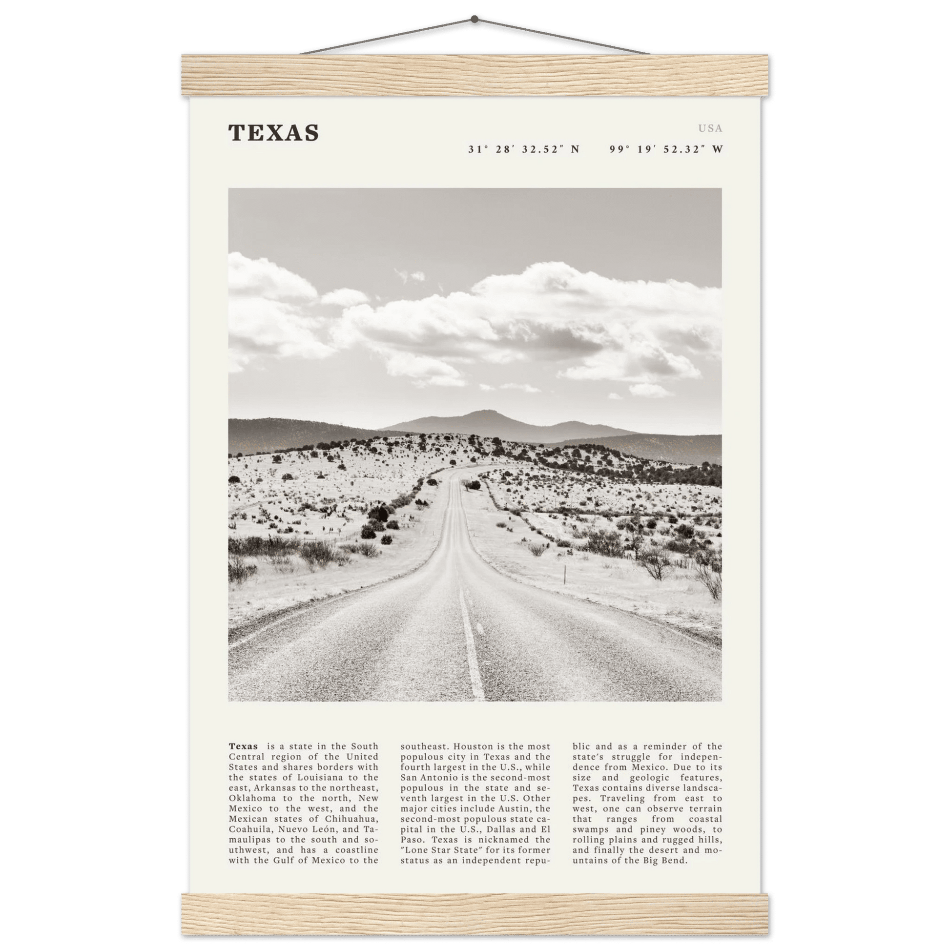 Texas Poster | Black & White Lone Star Road Wall Art | USA Travel Print Decor - Evergreen Posters