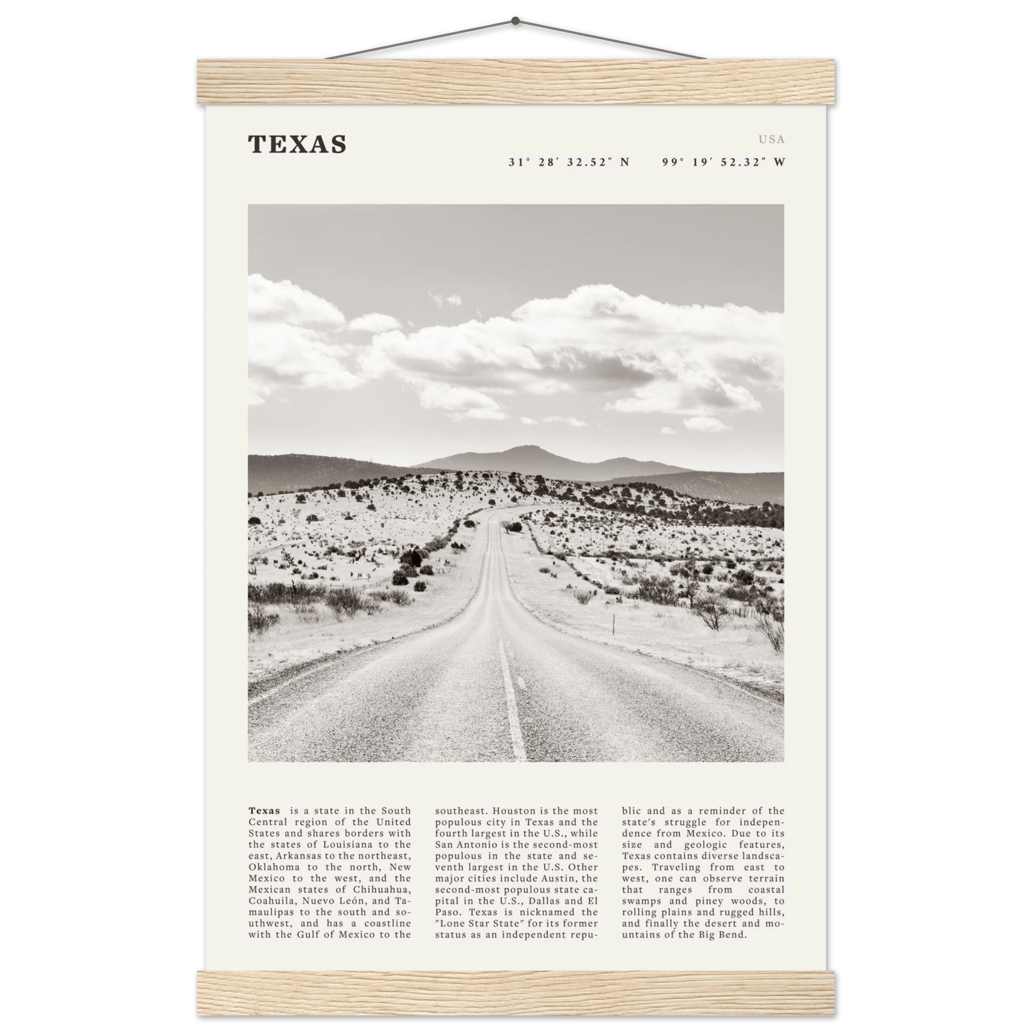 Texas Poster | Black & White Lone Star Road Wall Art | USA Travel Print Decor - Evergreen Posters