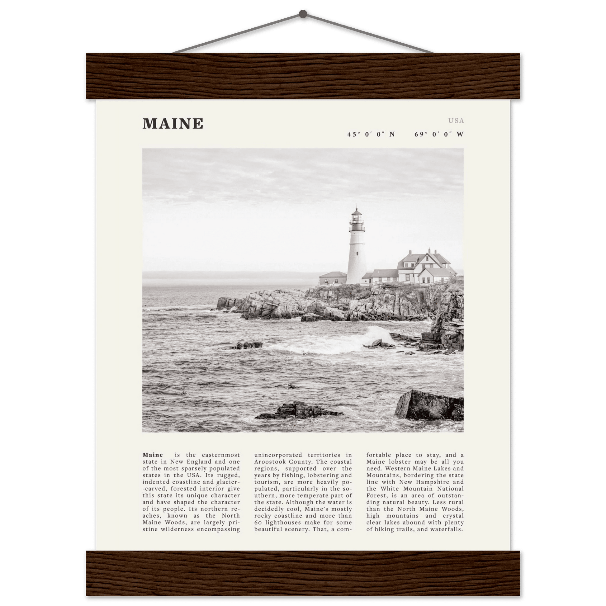 Maine Poster | Black & White Lighthouse Wall Art | New England Coastal Travel Print - Evergreen Posters