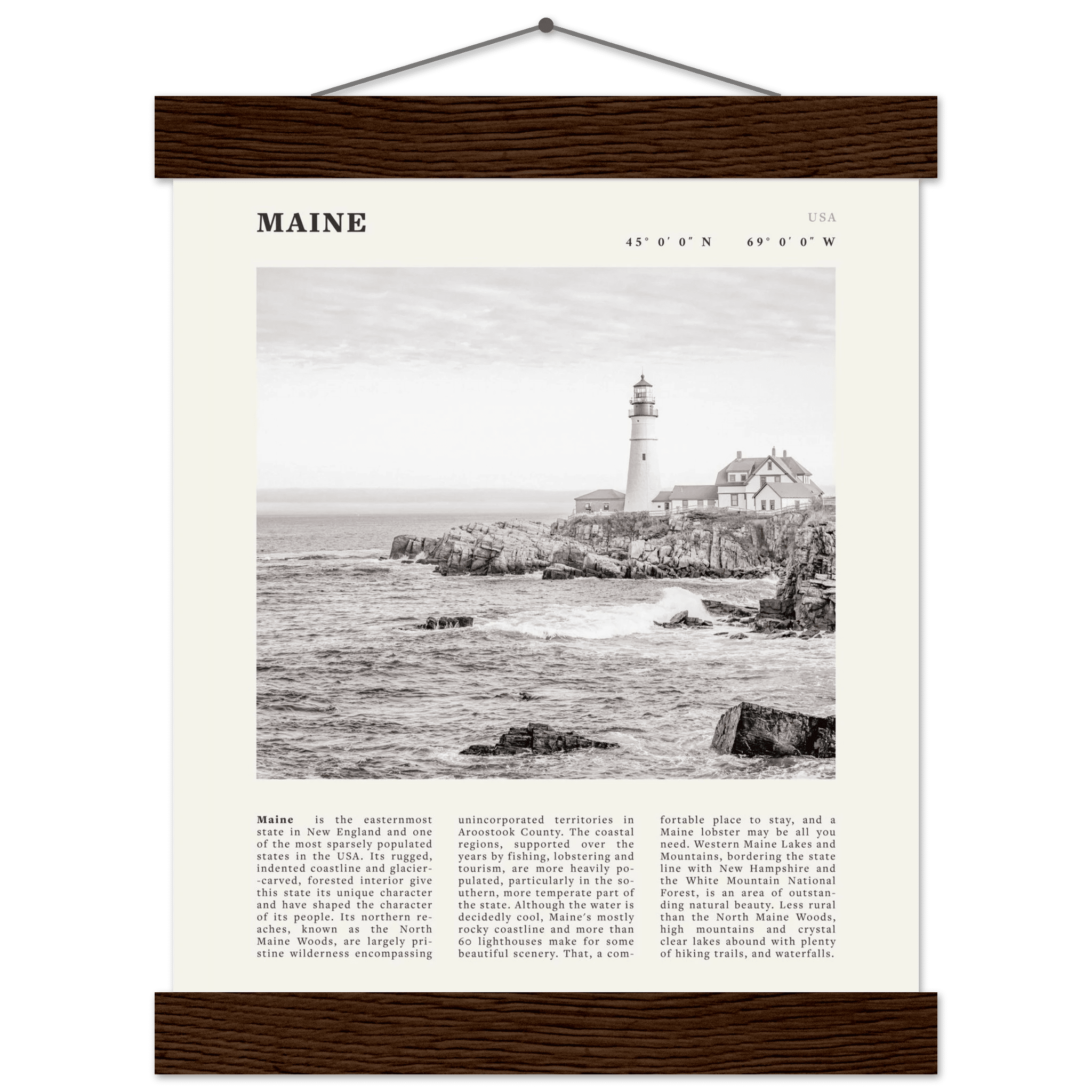 Maine Poster | Black & White Lighthouse Wall Art | New England Coastal Travel Print - Evergreen Posters
