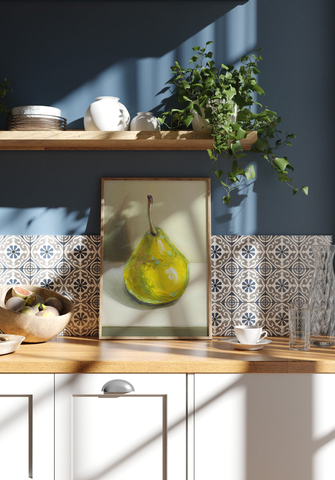 Pear Print | Green Pear Oil Painting Wall Art | Kitchen Poster - Evergreen Posters