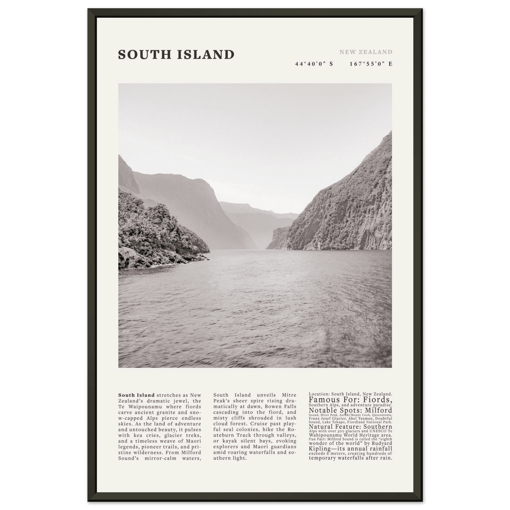 South Island New Zealand Poster Black and White – Vintage Milford Sound Fjord Print - Evergreen Posters