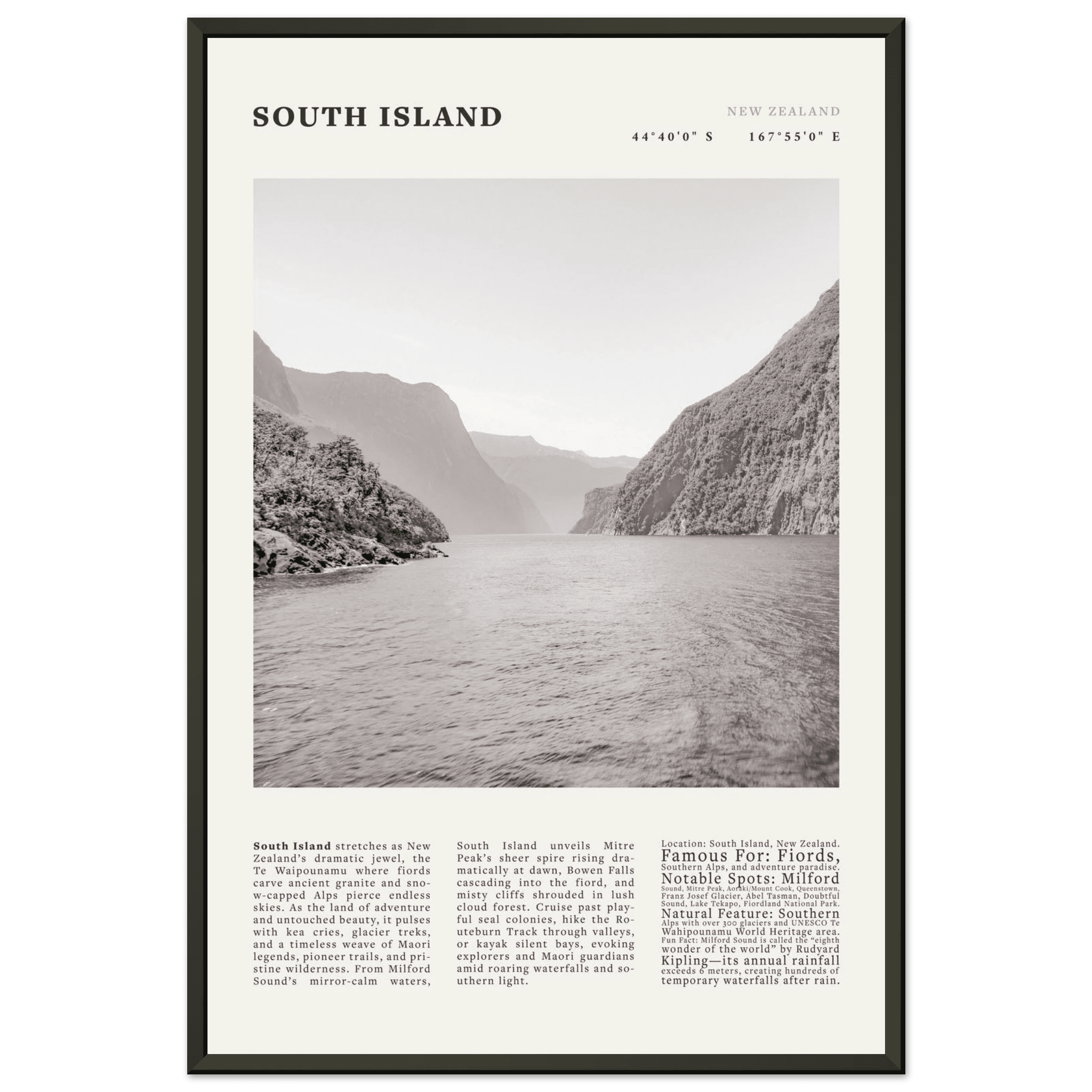 South Island New Zealand Poster Black and White – Vintage Milford Sound Fjord Print - Evergreen Posters