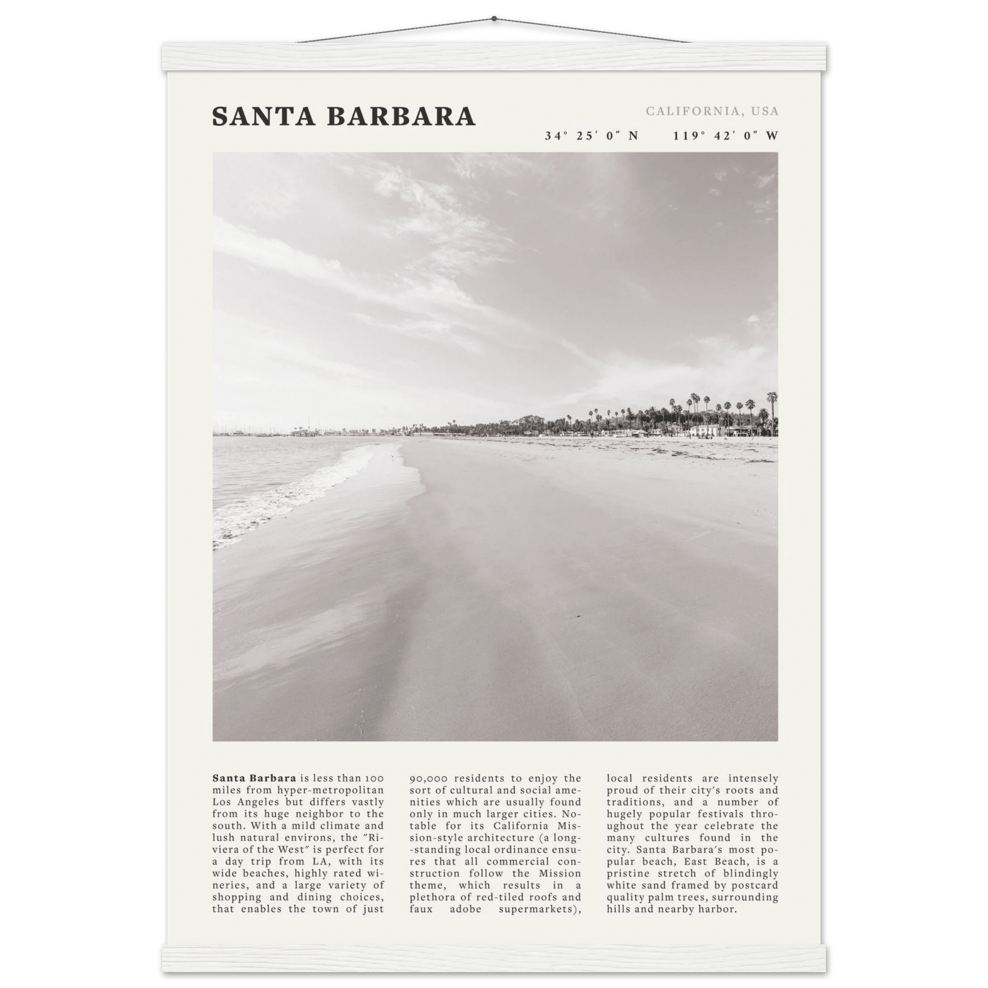 Santa Barbara Poster | Black & White California Beach Wall Art | CA Travel Print - Evergreen Posters