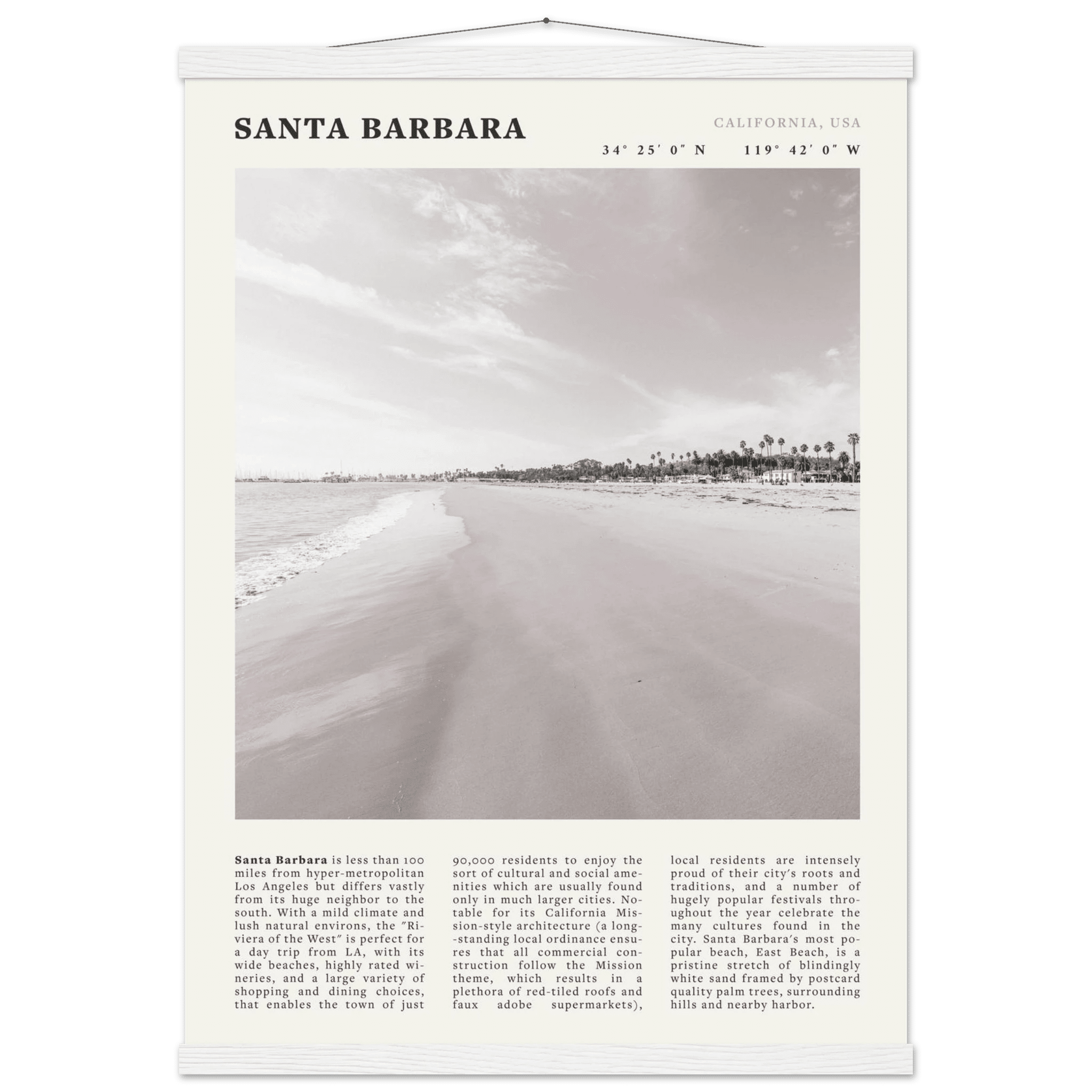 Santa Barbara Poster | Black & White California Beach Wall Art | CA Travel Print - Evergreen Posters