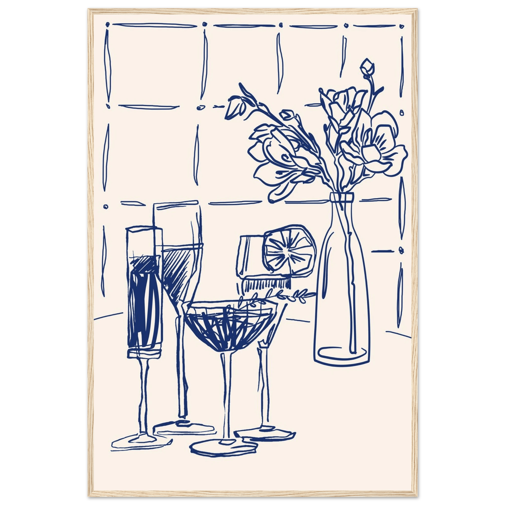 Cocktails & Flowers Print | Navy Blue Line Art Drinks Wall Art | Kitchen Bar Poster - Evergreen Posters