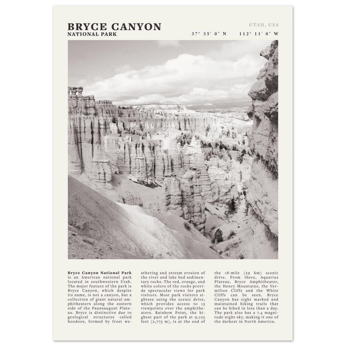 Bryce Canyon National Park Poster | Black & White Utah Hoodoos Wall Art Print - Evergreen Posters - 1