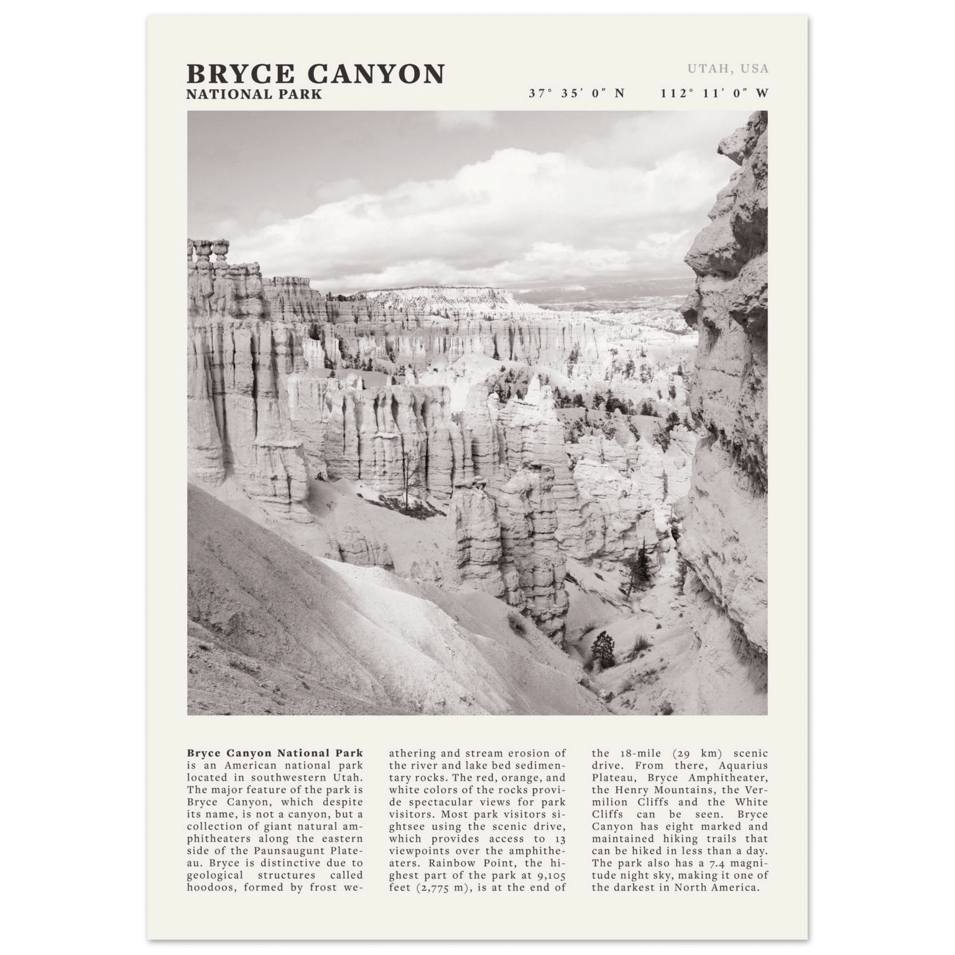 Bryce Canyon National Park Poster | Black & White Utah Hoodoos Wall Art Print - Evergreen Posters - 1