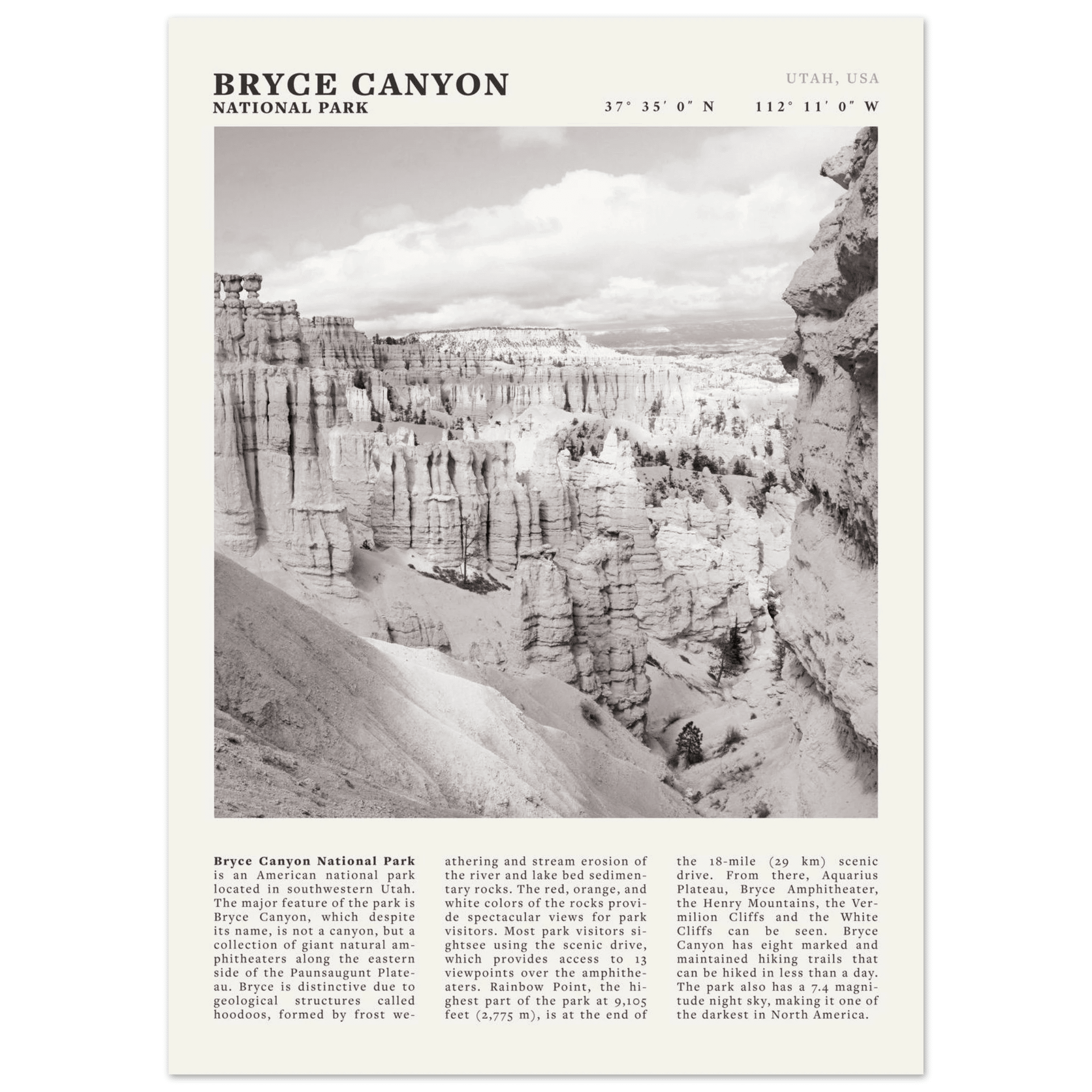 Bryce Canyon National Park Poster | Black & White Utah Hoodoos Wall Art Print - Evergreen Posters - 1