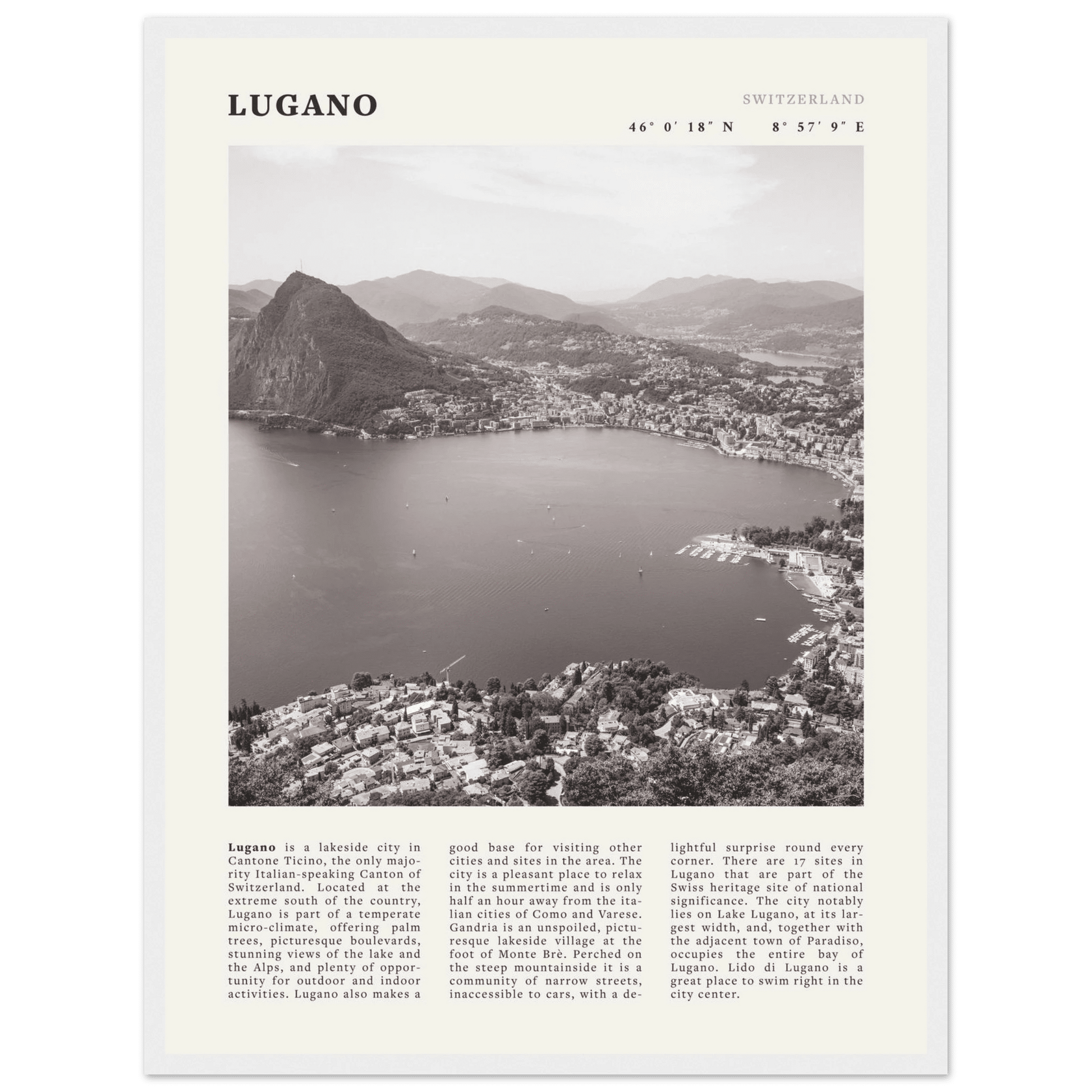 Lugano Poster | Black & White Swiss Lake Wall Art | Switzerland Travel Print - Evergreen Posters