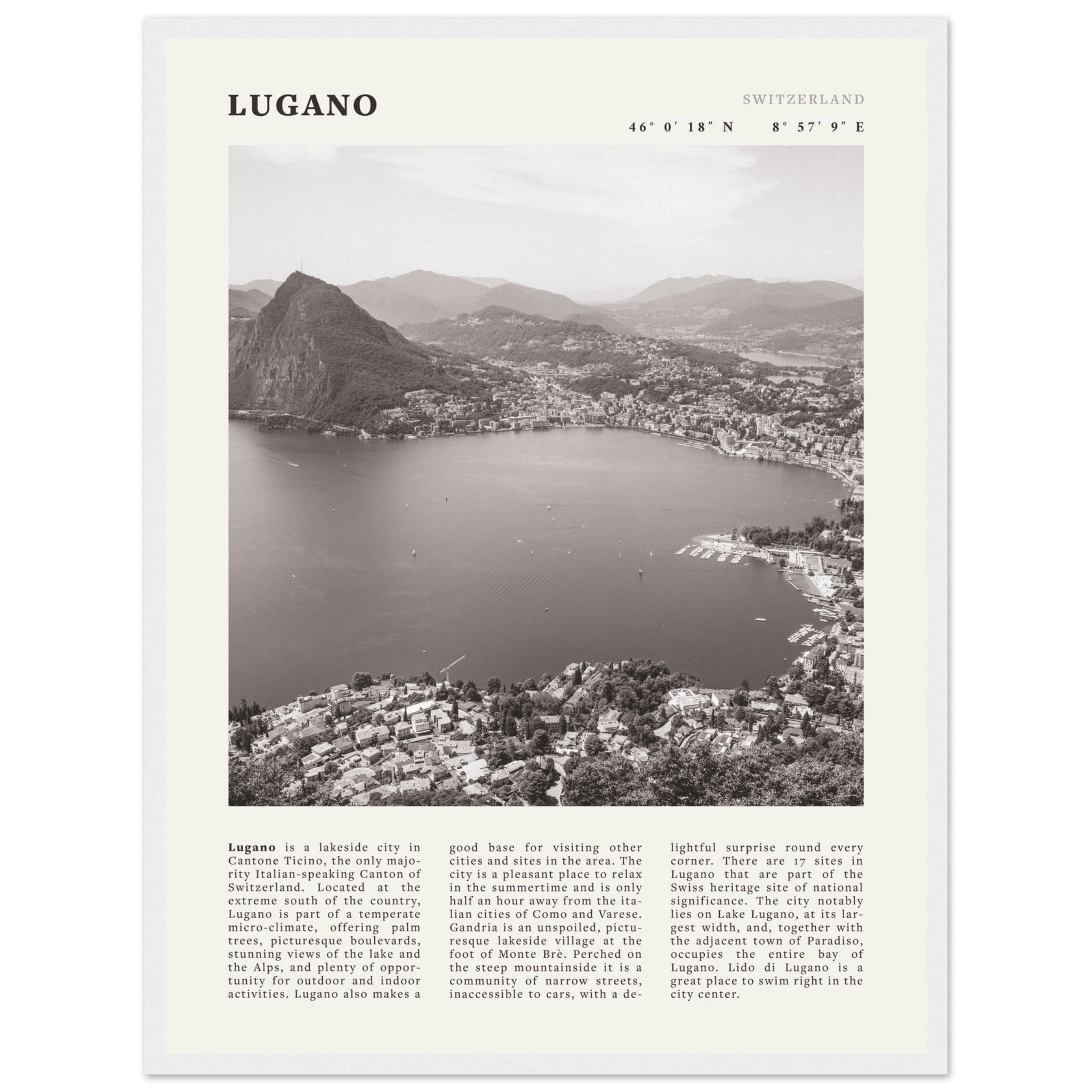 Lugano Poster | Black & White Swiss Lake Wall Art | Switzerland Travel Print - Evergreen Posters