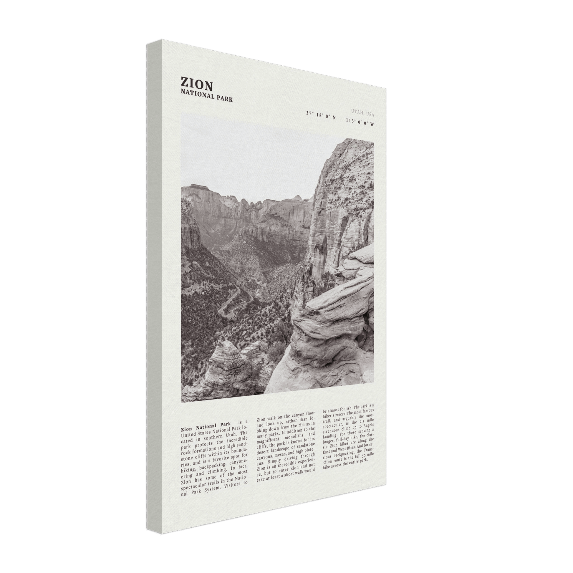 Zion National Park Poster | Black & White Utah Canyon Wall Art | USA Travel Print - Evergreen Posters