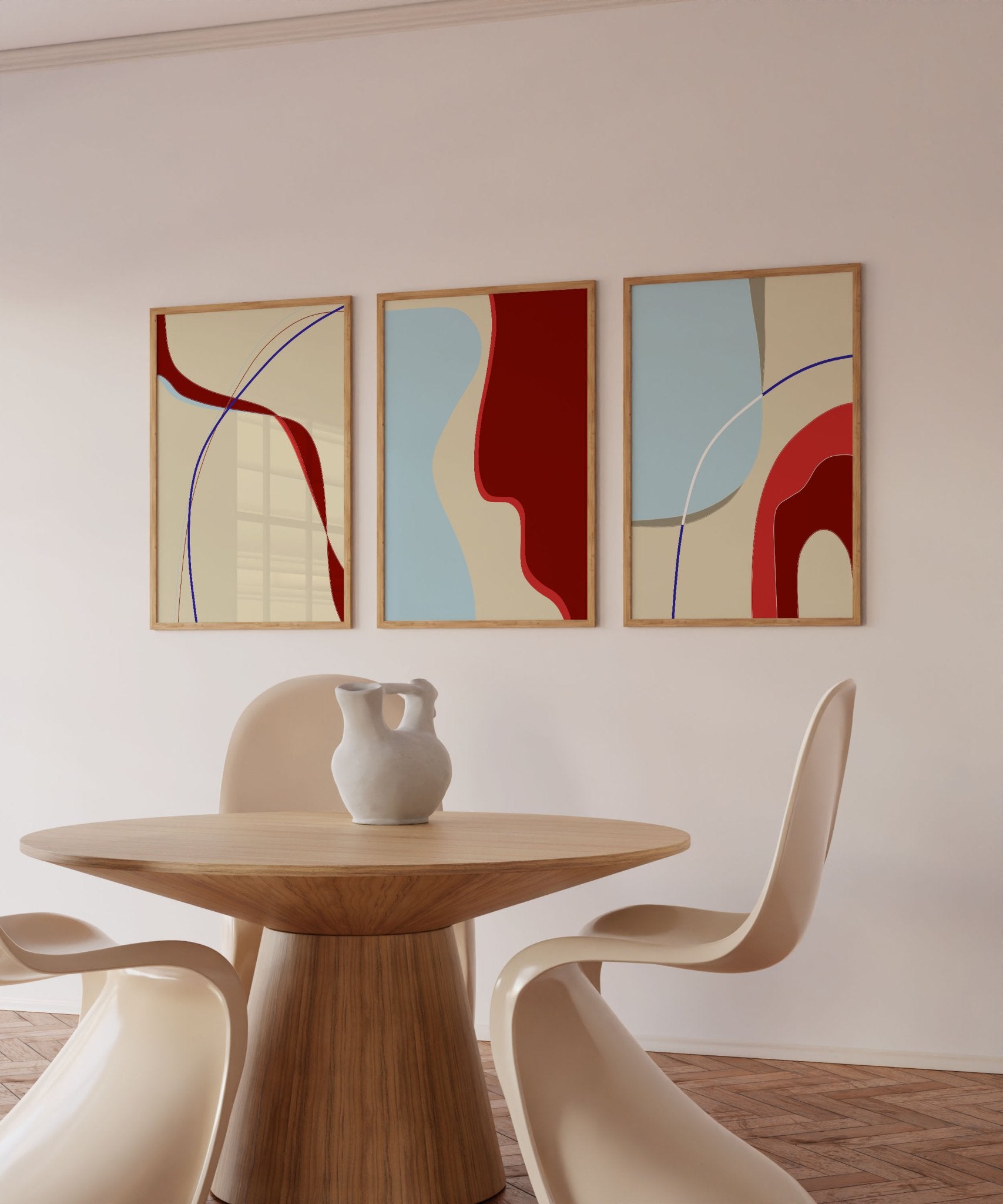Set of 3 Abstract Prints | Red Blue Cream Modern Wall Art | Living Room Poster Set - Evergreen Posters