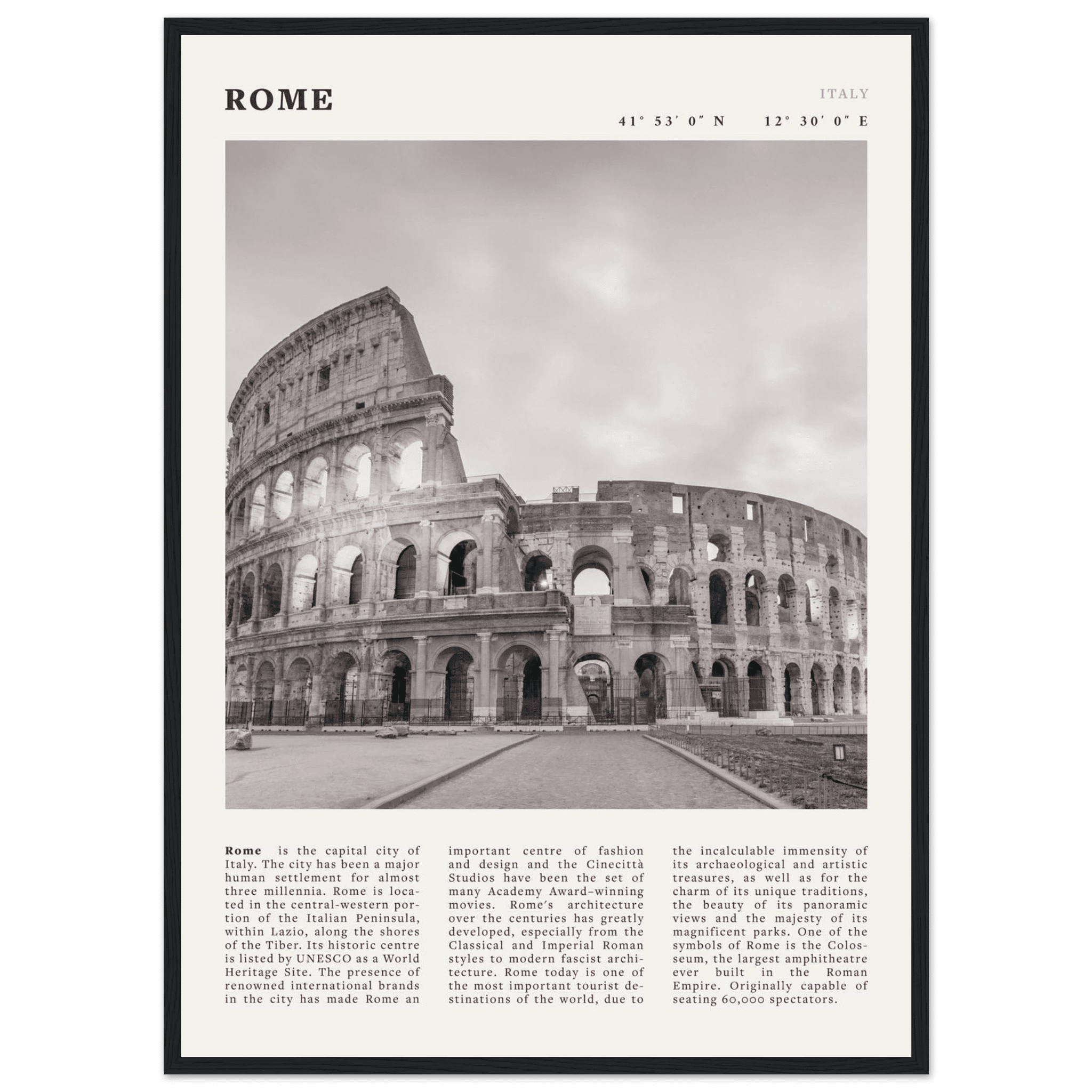 Rome Poster | Black & White Colosseum Wall Art | Italy Travel Print | Roman Decor - Evergreen Posters