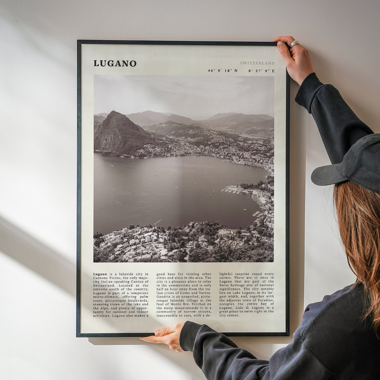 Lugano Poster | Black & White Swiss Lake Wall Art | Switzerland Travel Print - Evergreen Posters