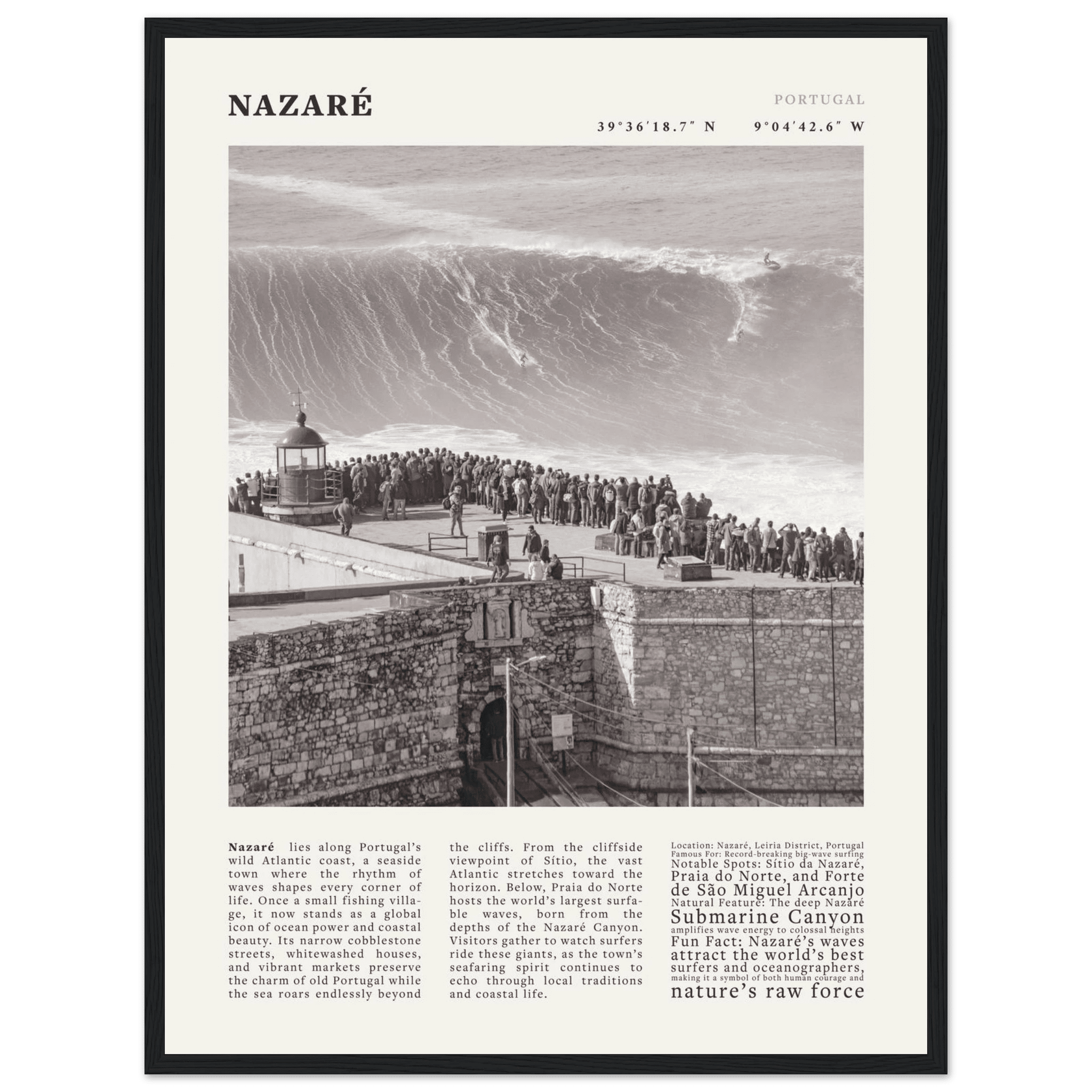 Nazaré Portugal Poster Black and White – Vintage Big Waves Surf Print (Digital & Printed Options) - Evergreen Posters