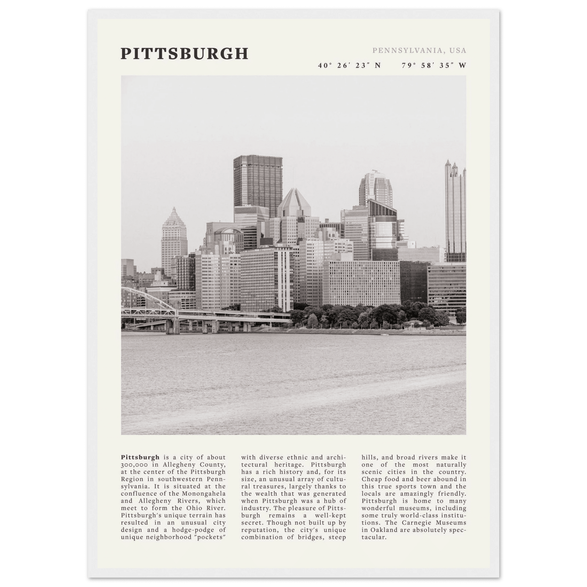 Pittsburgh Poster | Black & White Pennsylvania Skyline Wall Art | PA Travel Print - Evergreen Posters