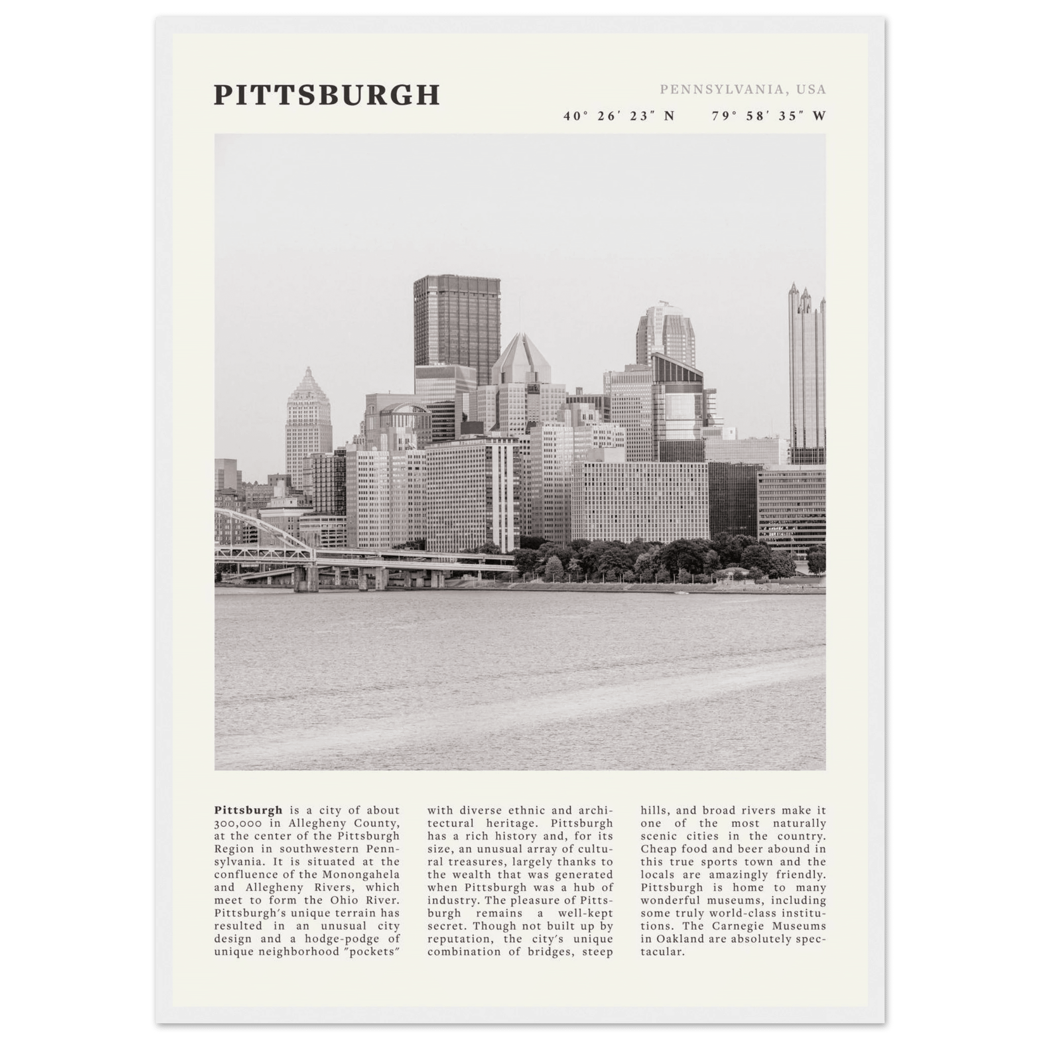 Pittsburgh Poster | Black & White Pennsylvania Skyline Wall Art | PA Travel Print - Evergreen Posters