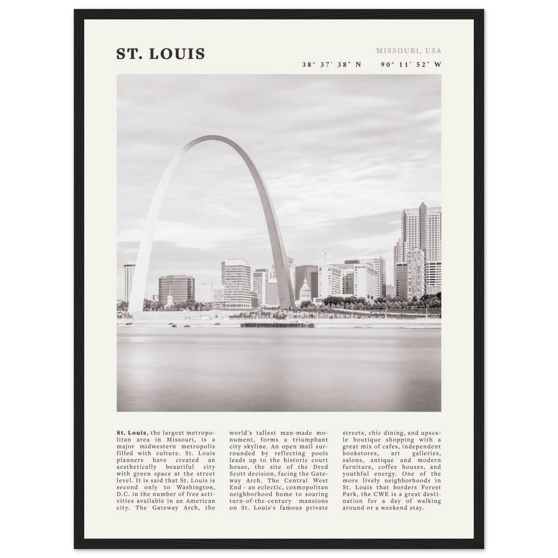 St. Louis Poster | Black & White Gateway Arch Wall Art | Missouri Travel Print - Evergreen Posters