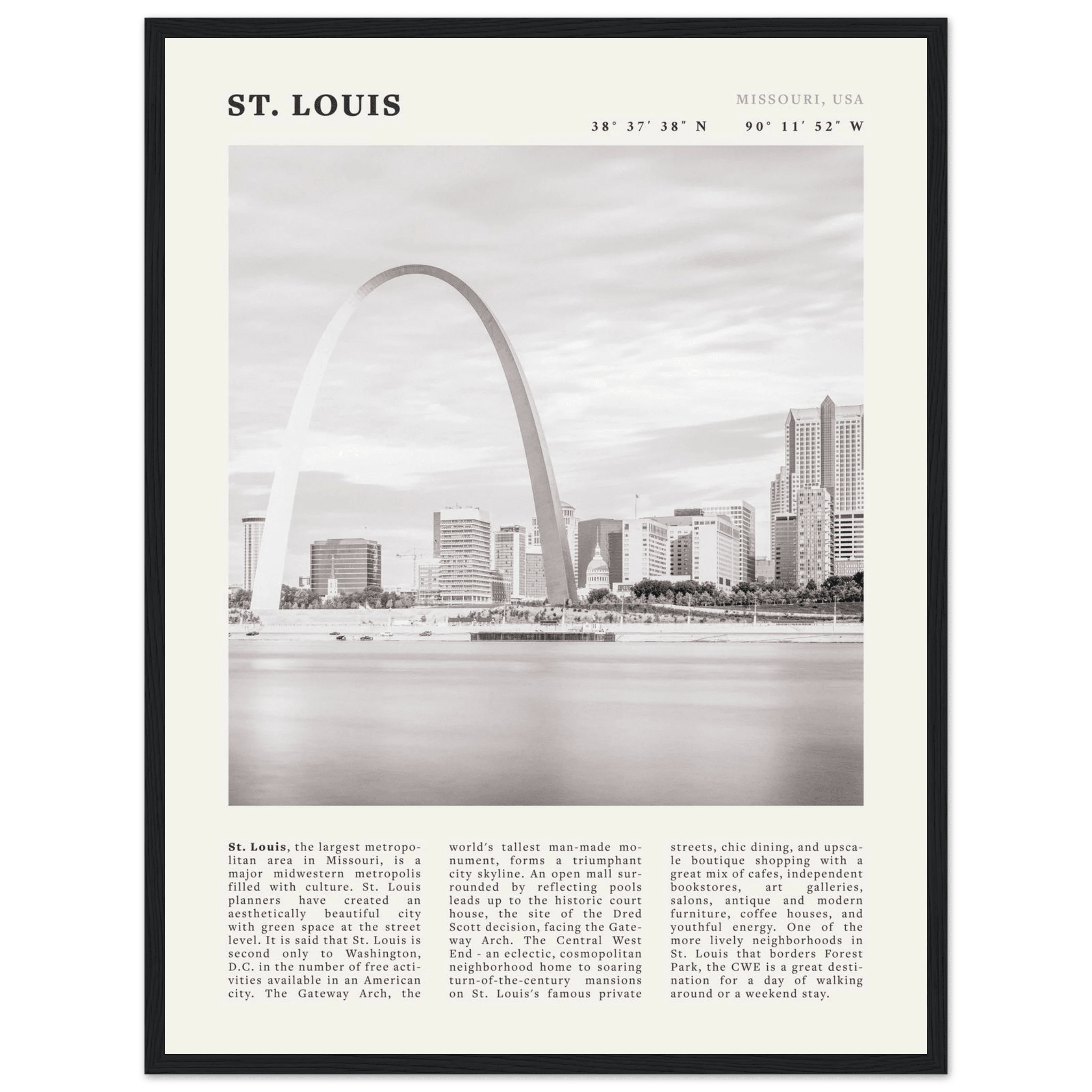 St. Louis Poster | Black & White Gateway Arch Wall Art | Missouri Travel Print - Evergreen Posters