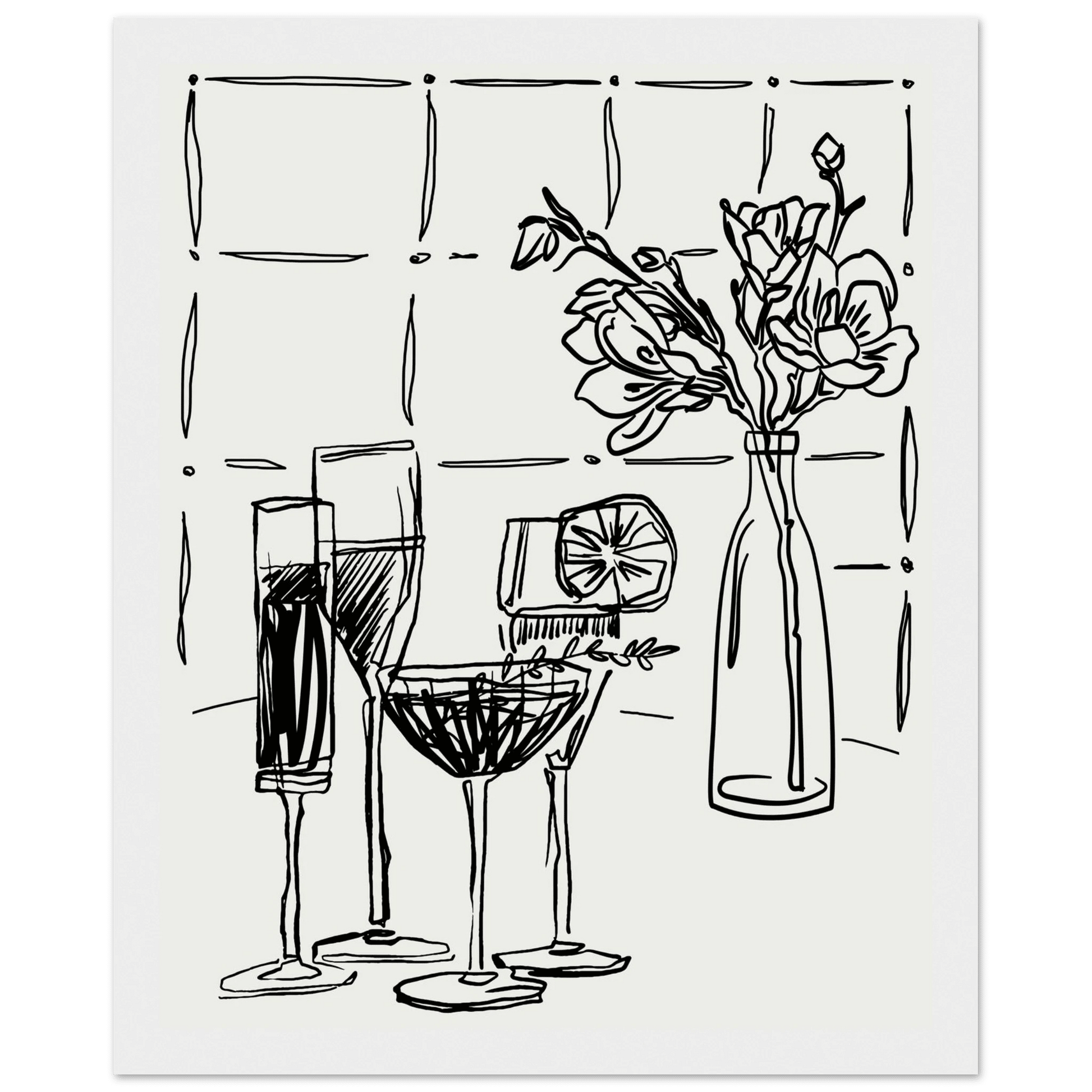 Cocktails & Flowers Print | Black Line Art Drinks Wall Art | Kitchen Bar Poster - Evergreen Posters