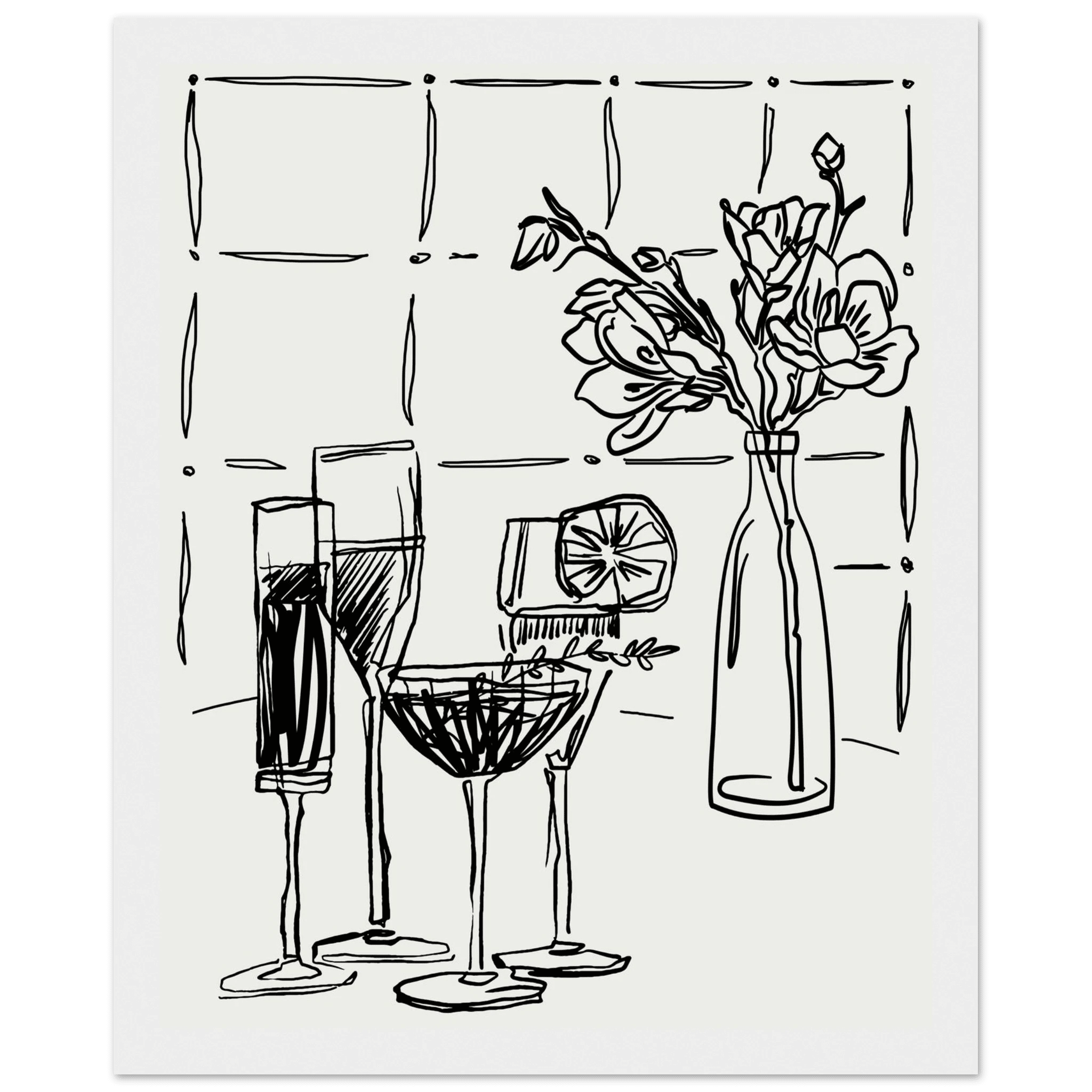 Cocktails & Flowers Print | Black Line Art Drinks Wall Art | Kitchen Bar Poster - Evergreen Posters