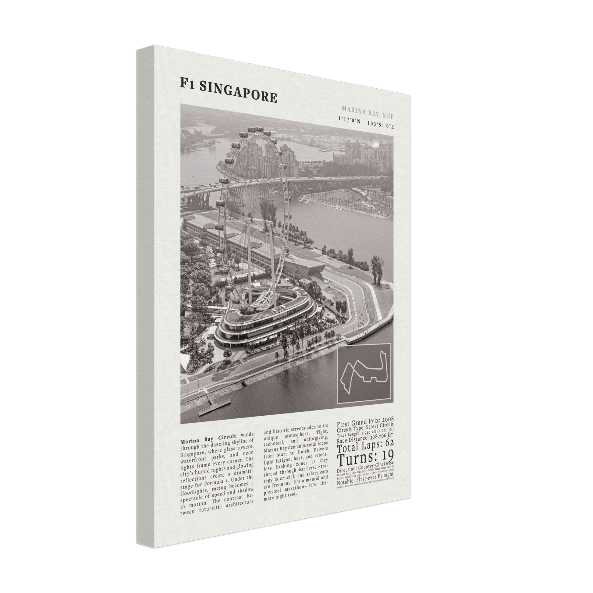 F1 Singapore Poster Black and White – Vintage Marina Bay Night Race Print (Digital & Printed Options) - Evergreen Posters