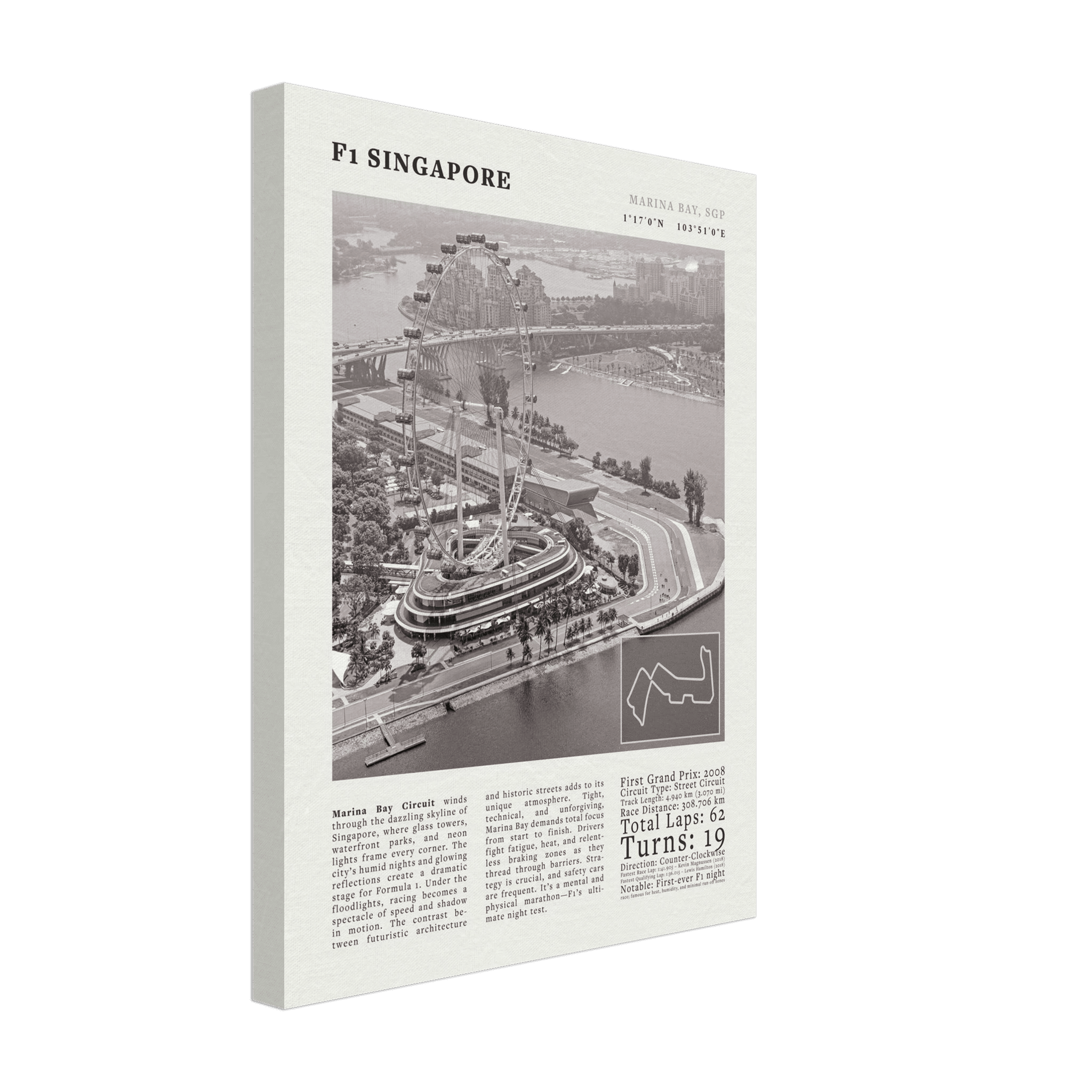 F1 Singapore Poster Black and White – Vintage Marina Bay Night Race Print (Digital & Printed Options) - Evergreen Posters